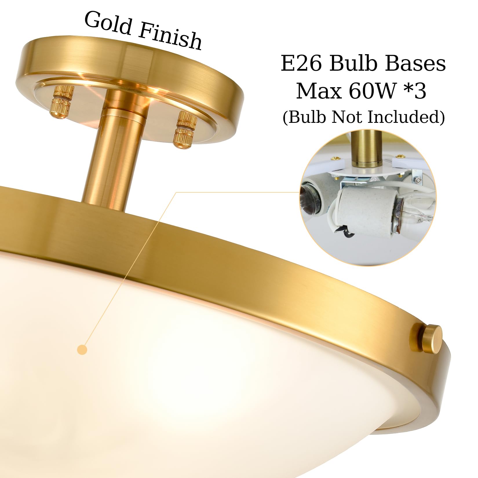 16-Inch Gold Semi Flush Mount Ceiling Light Mid Century Modern 3-Light Milk Glass Ceiling Light Brass Flush Mount Light Fixtures for Bedroom Hallway Staircase