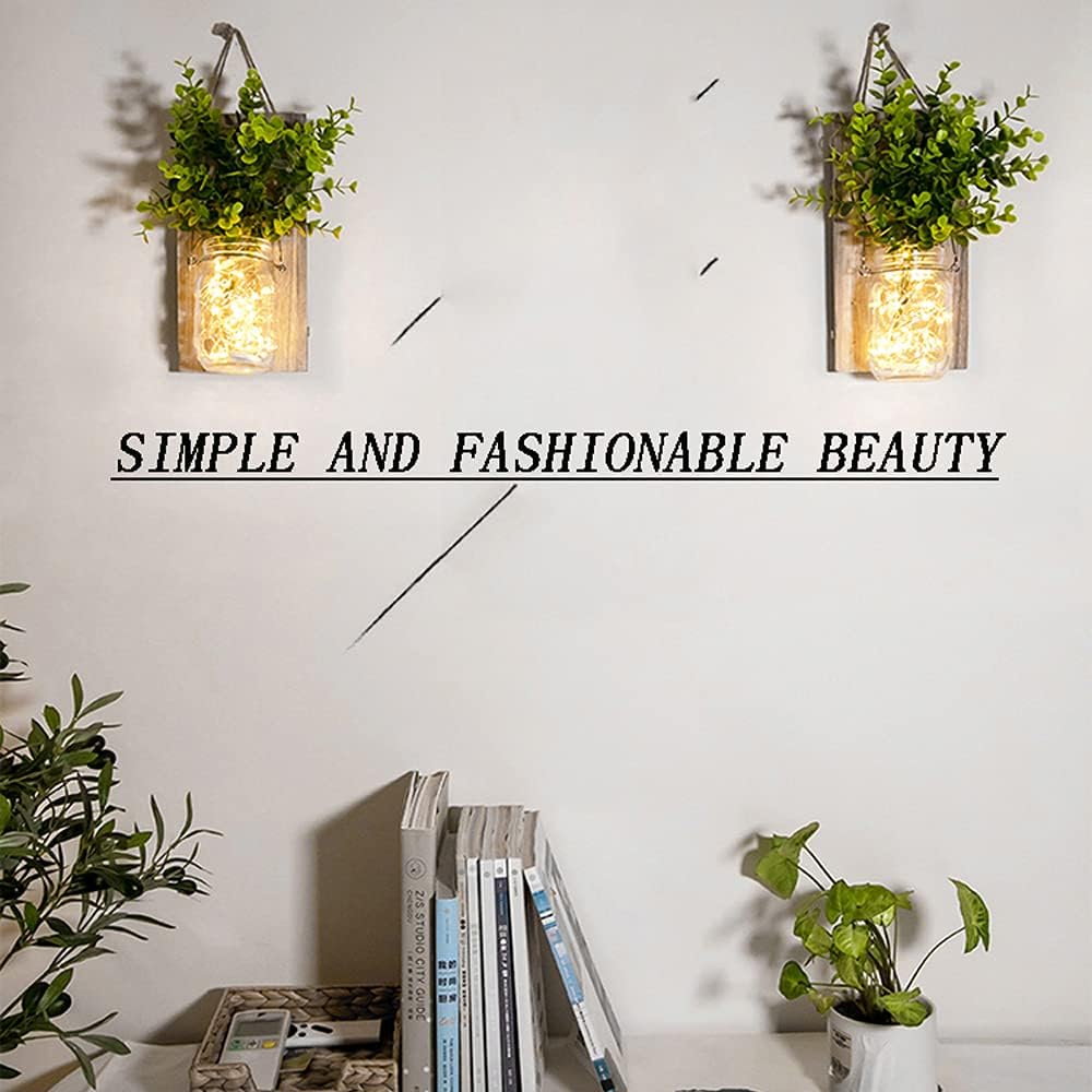 Rustic Wall Sconces, Mason Jar Sconces, Farmhouse Home Decor, LED Fairy Lights, Green Fake Plant, Interior Decoration Warm Toned Lighting. (2 Pack)