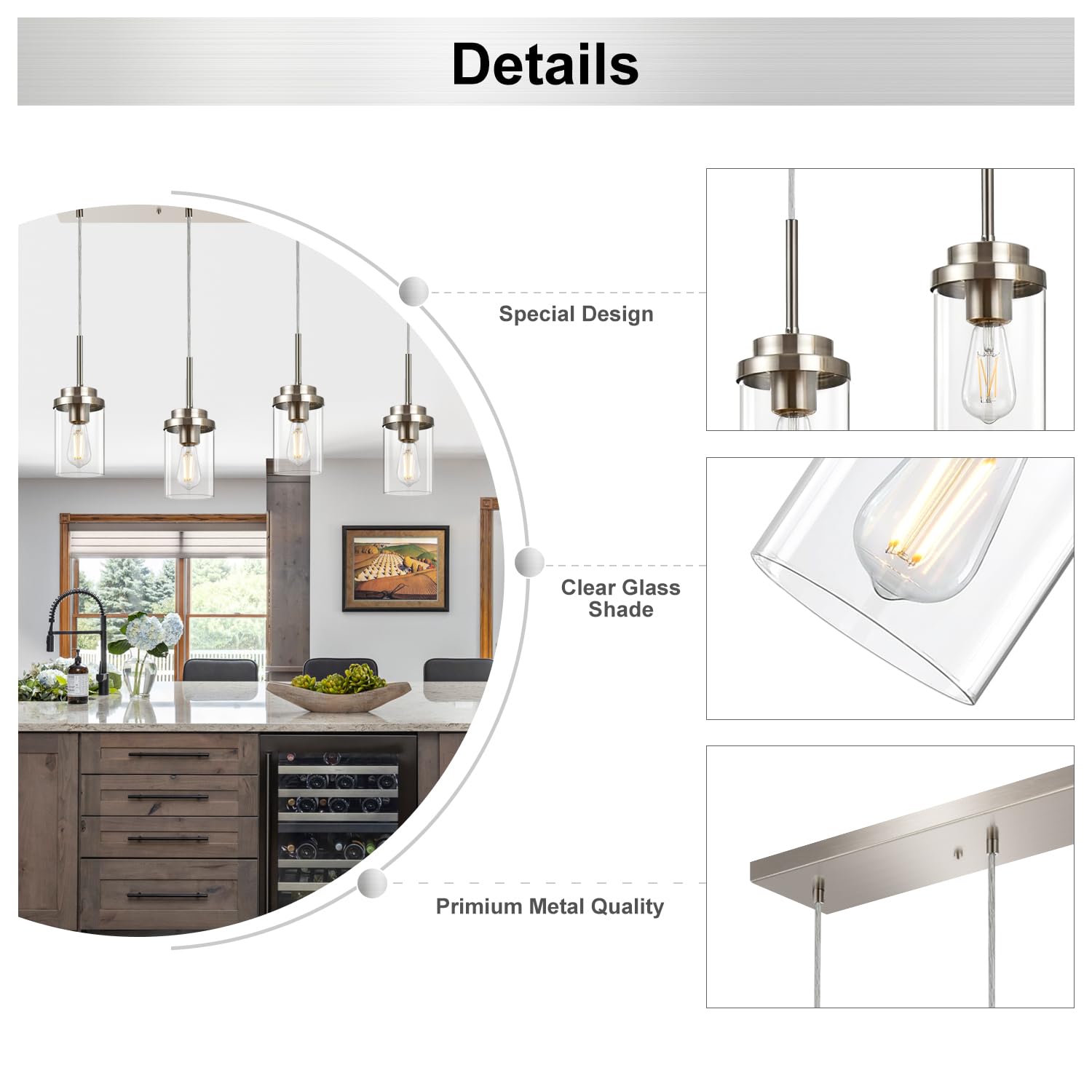 Island Lights for Kitchen, 4-Light Dining Room Light Fixtures, Modern Chandeliers for Dining Rooms Over Table Brushed Nickel Pendant Lights Linear Kitchen Island with Clear Glass Shade