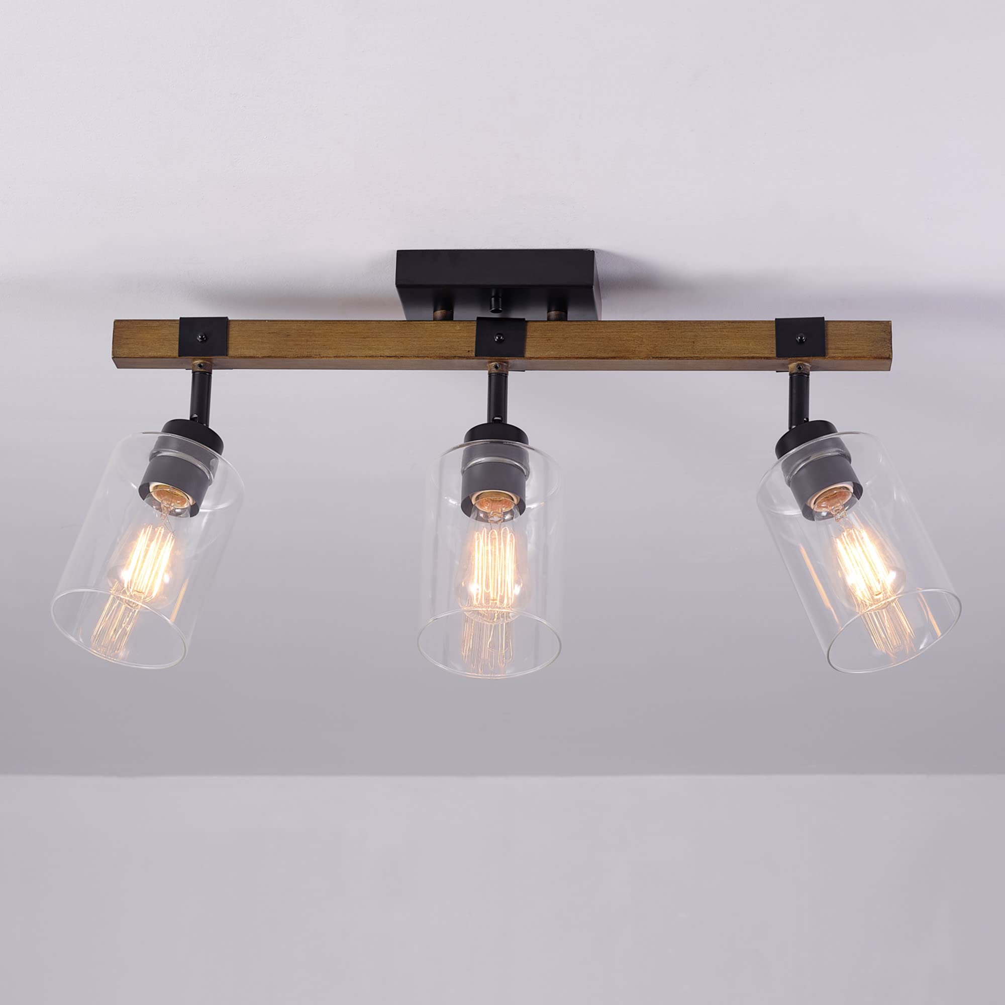 3-Light Track Lighting, Wood Toned, Matte Black Accents, Clear Glass Shades, Kitchen, Bathroom, Home Essentials, Ceiling Light, Dorm, Dining Room, Hallway