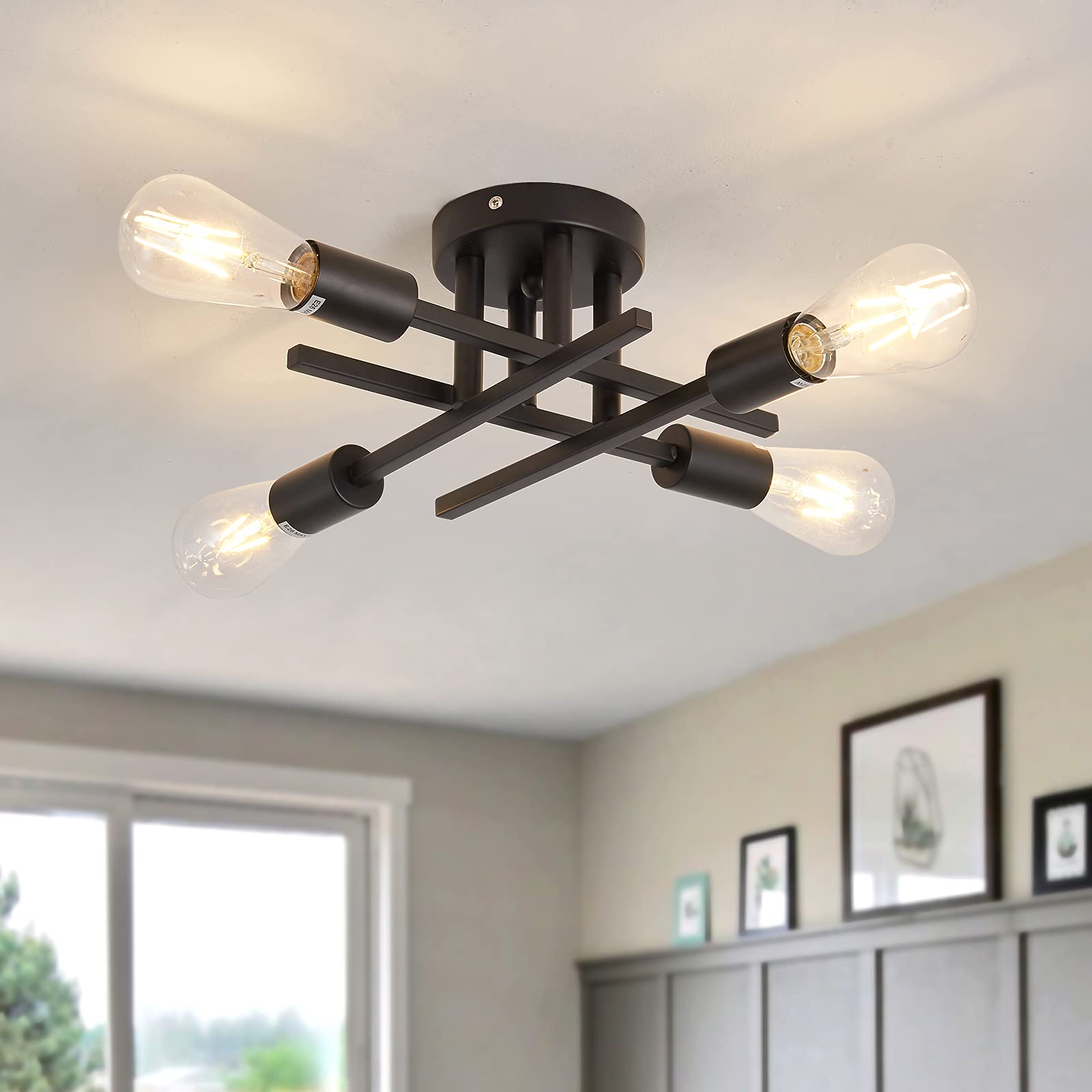 4-Light Semi Flush Mount Ceiling Light Fixture 2 Pack Ceiling Light Matte Black with E26 Base Modern Ceiling Light for Porch Bedroom Hallway Kitchen Farmhouse