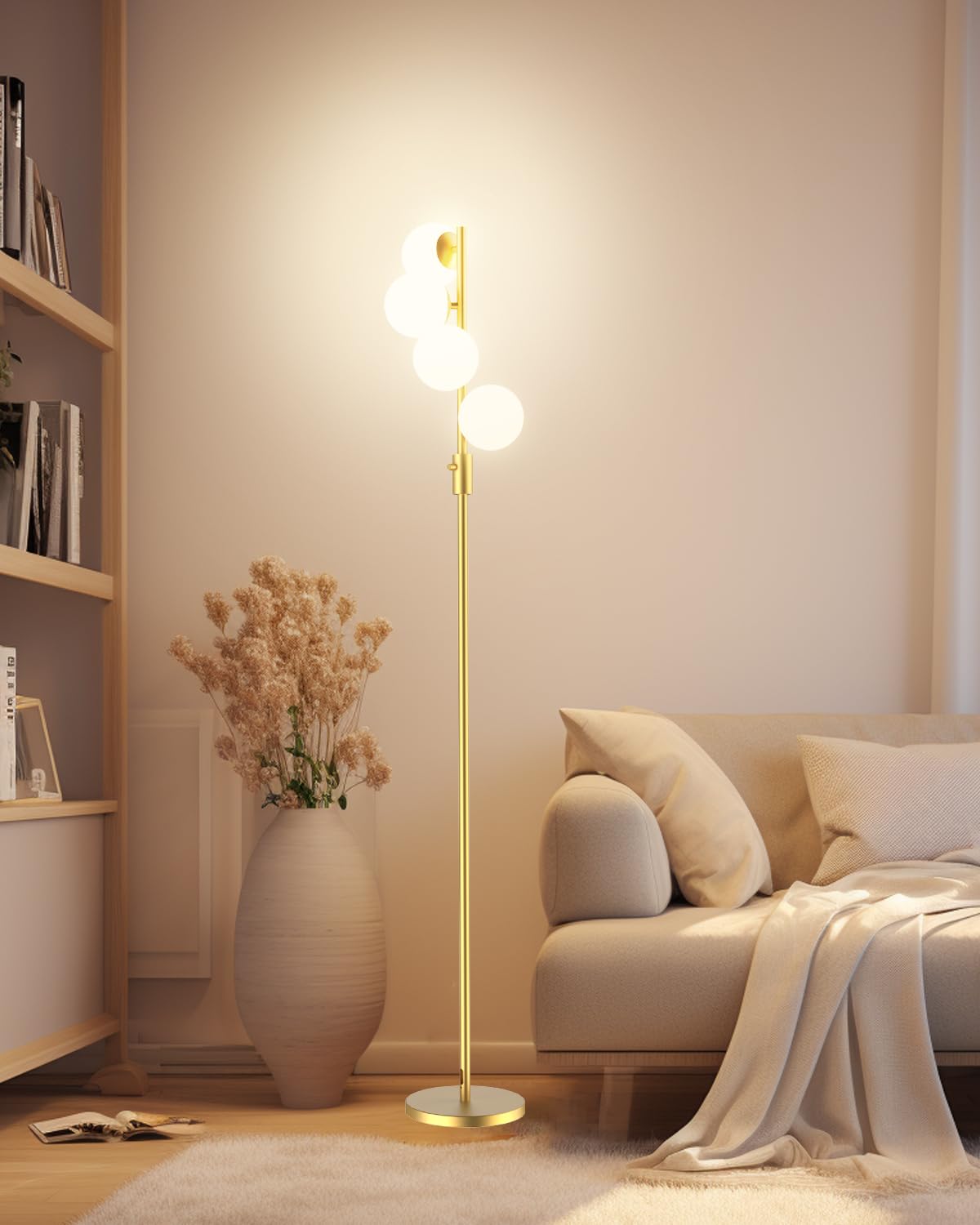 Dimmable Globe Floor Lamp, Gold Standing Lamps with 4PCS 3000K G9 Bulbs Soft Warm White Eye Care, Mid Century Modern Floor Lamp for Living Room