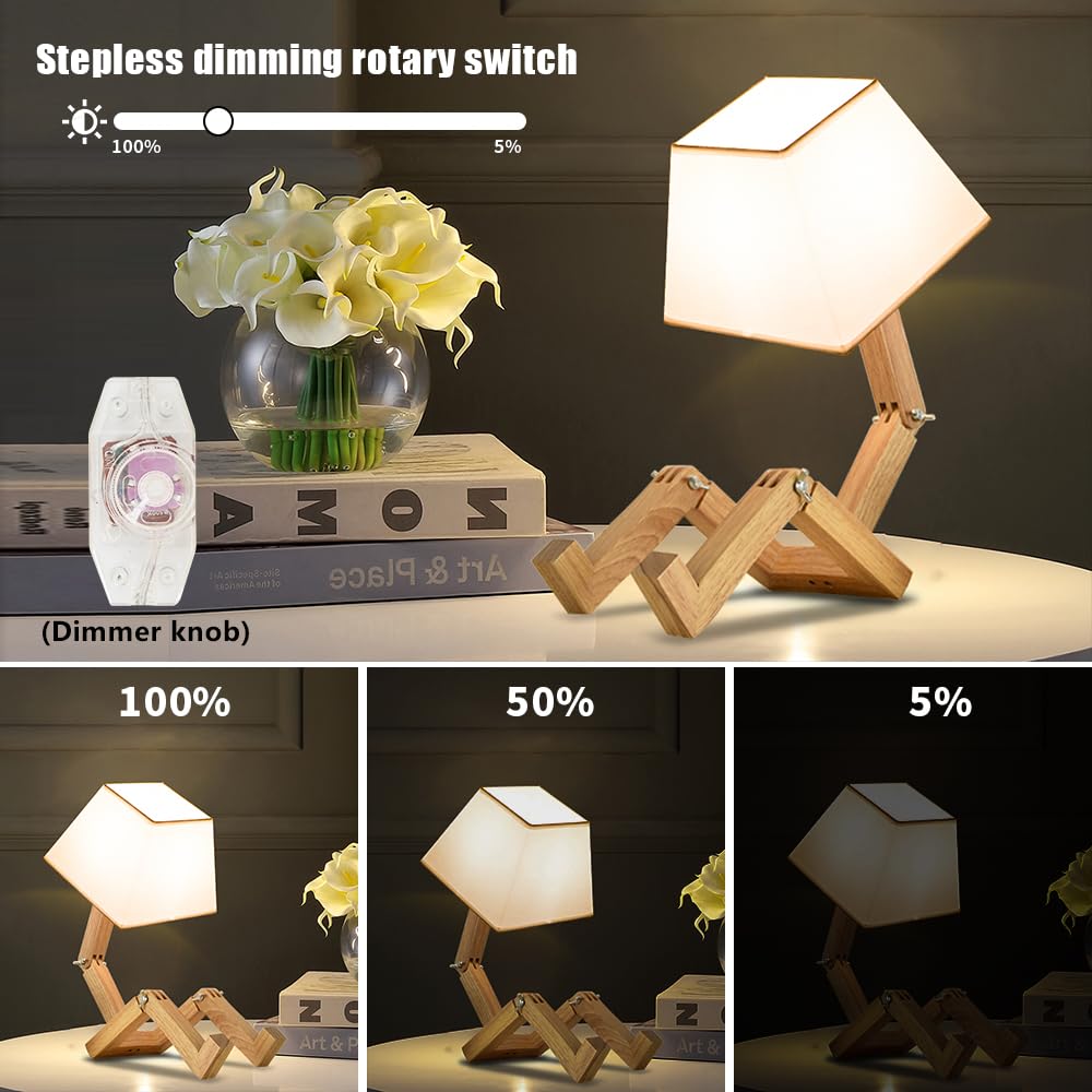 Cute Desk Lamp, Dimmable Robot Table Lamps, Wood Bedside Lamps Nightstand Lamp for Bedroom, Study, Office, Living Room