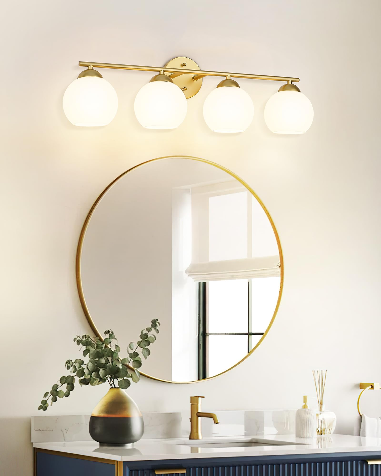 Black Vanity Lights for Mirror, Modern Farmhouse 2-Light Bathroom Light Fixtures Globe Bathroom Vanity Light with Milk Glass Shade, VL114-BK-ML-2