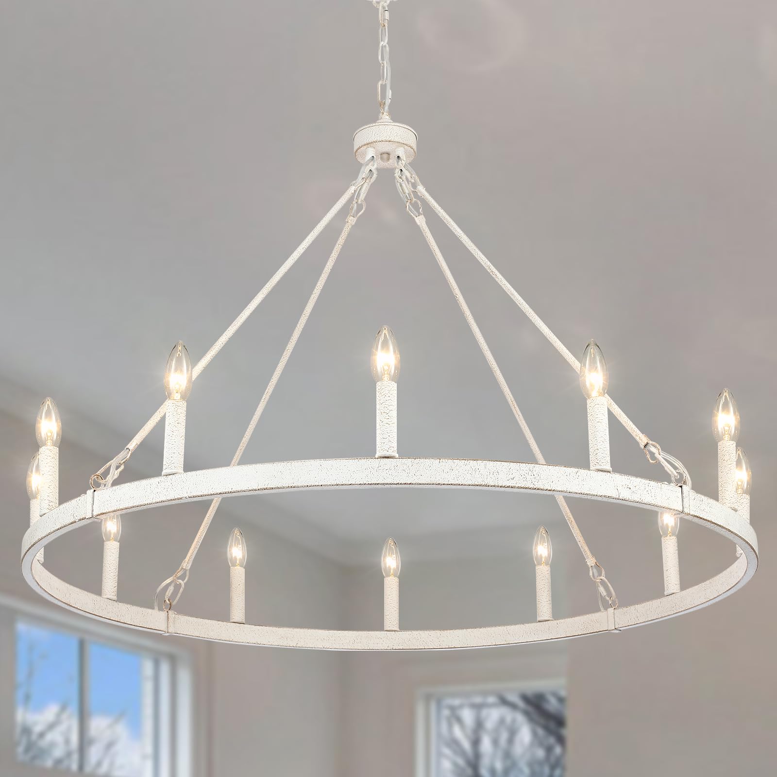 White Wagon Wheel Chandelier 38 Inch, 12-Light Farmhouse Wagon Wheel Chandeliers for Dining Room Light Fixture Round Large White Chandeliers for High Ceilings Living Room Kitchen Entryway