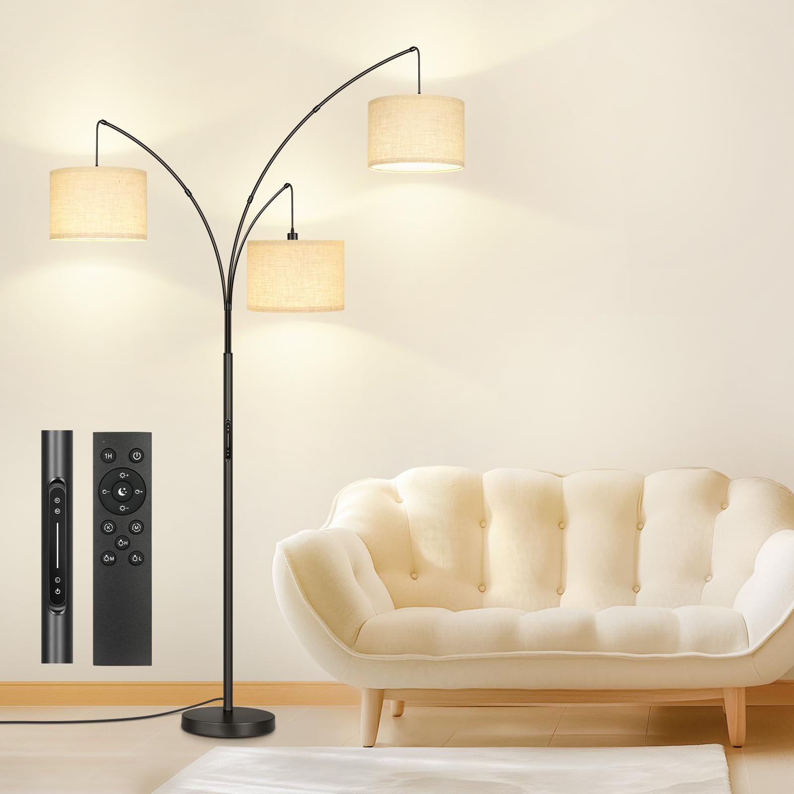 Arc Led Floor Lamp, Modern Black 3 Light Arched Tall Floor Lamp for Bedroom, 2400lm Mid Century Adjustable Standing Corner Lamps for Living Room Office, 3 LED Bulbs Included, Beige Lampshade