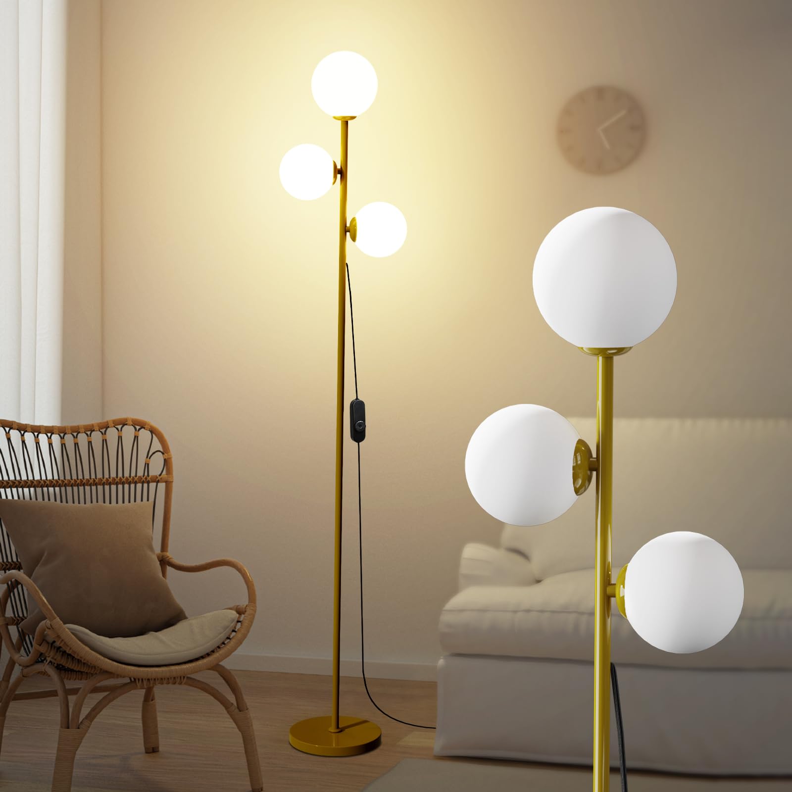 Mid Century Modern Floor Lamp for Living Room, 3 Globe Lights Tall Gold Standing Lamp with Frosted Glass Shades and Bulbs Included, Dimmable Vintage Floor Lamps for Bedroom Office Reading