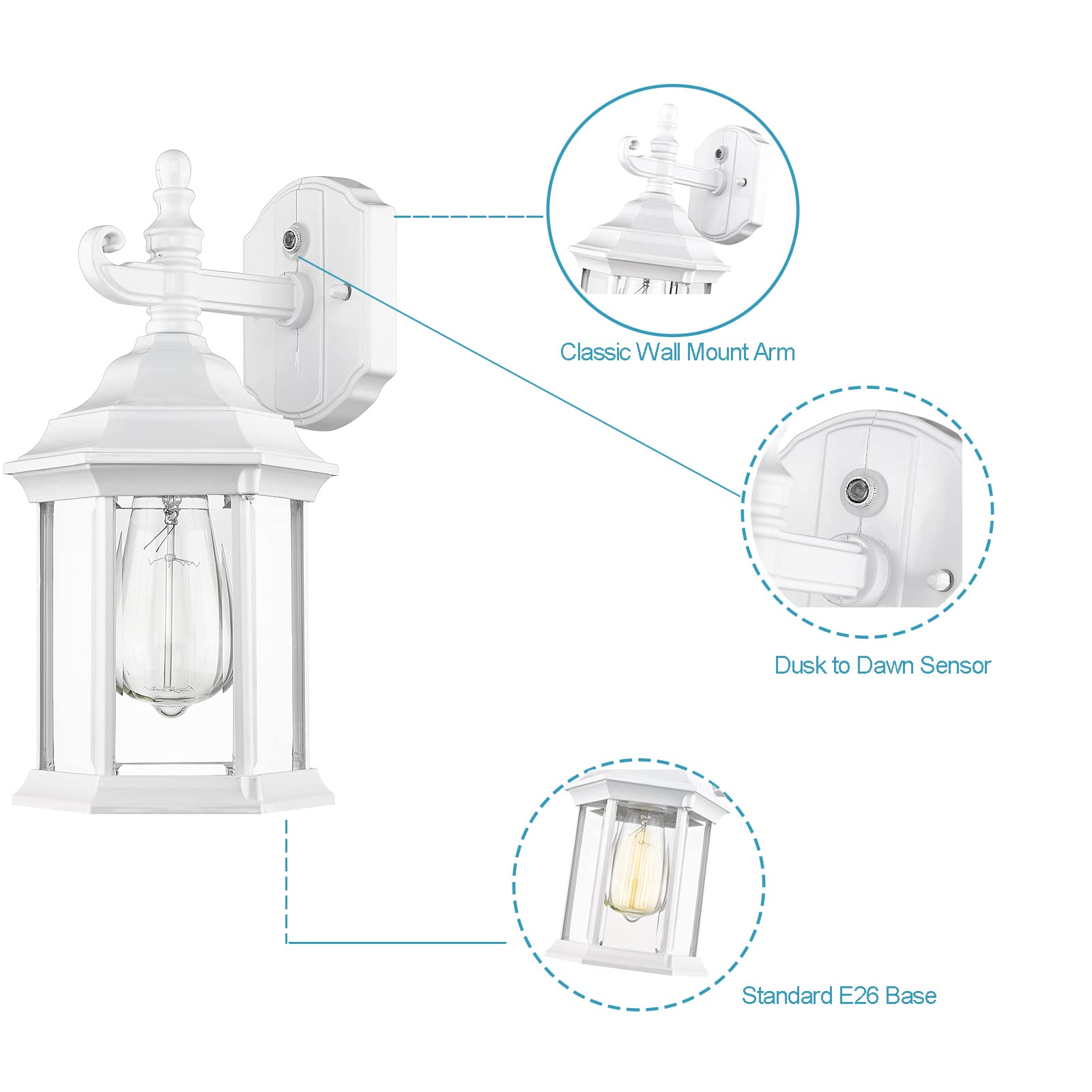 2 Pack Dusk to Dawn Outdoor Wall Lantern, Classical White Outdoor Wall Light Exterior Light Fixture Wall Mount, Industrial Front Porch Light Wall Sconce Lamp for Garage Backyard