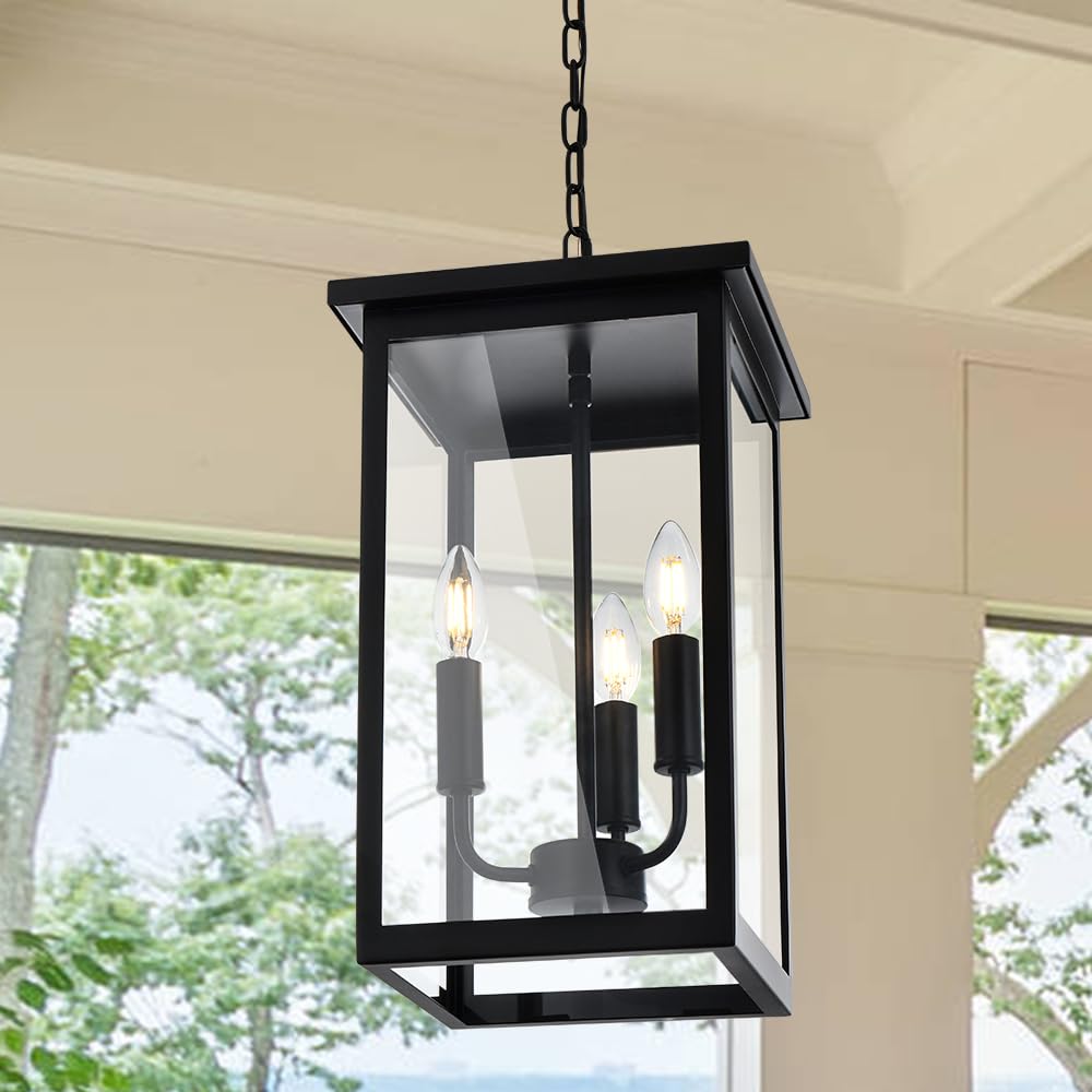 Black Outdoor Pendant Light 4-Light Outside Pendant Hanging Light Fixture Ceiling Mount with Clear Glass Industrial Hanging Cage Chandelier for Porch,Entryway,Doorway,Farmhouse