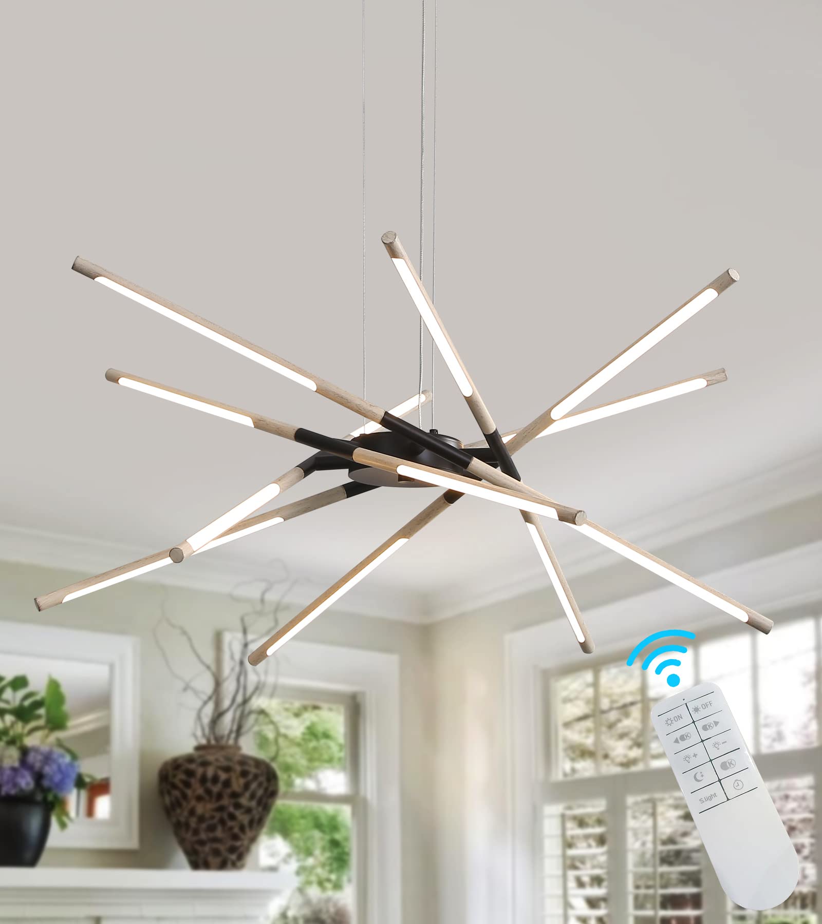 Modern LED Chandeliers for Dining Room,Black and Oak White Farmhouse Sputnik Dimmable Chandelier with Remote for Living Room Kitchen Office Hotel Restaurant Lobby