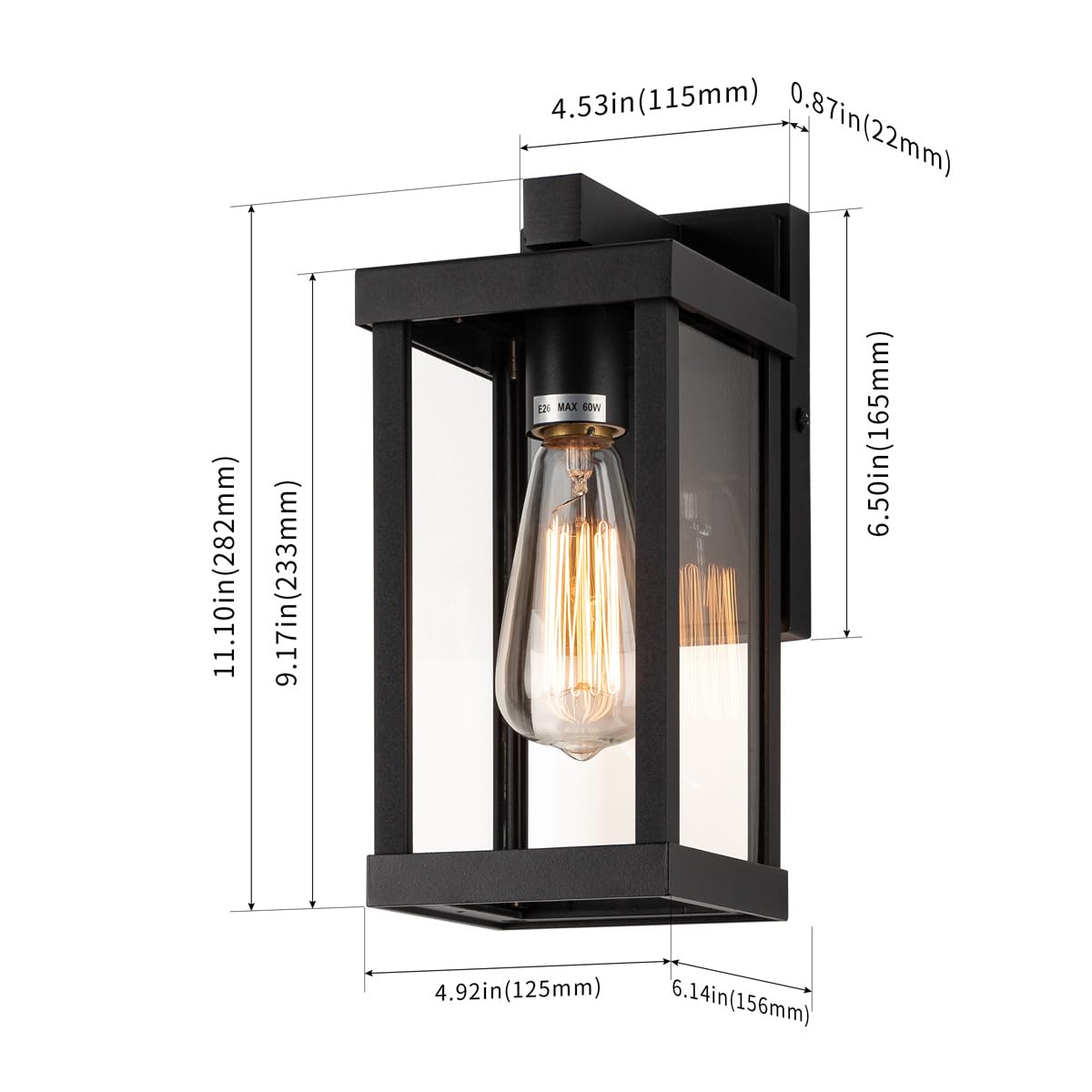 11" Classic Outdoor Wall Sconce 1 Light in Matte Black Rectangular Metal Frame and Clear Glass Shade Waterproof Porch Light Patio Light Pack of 2