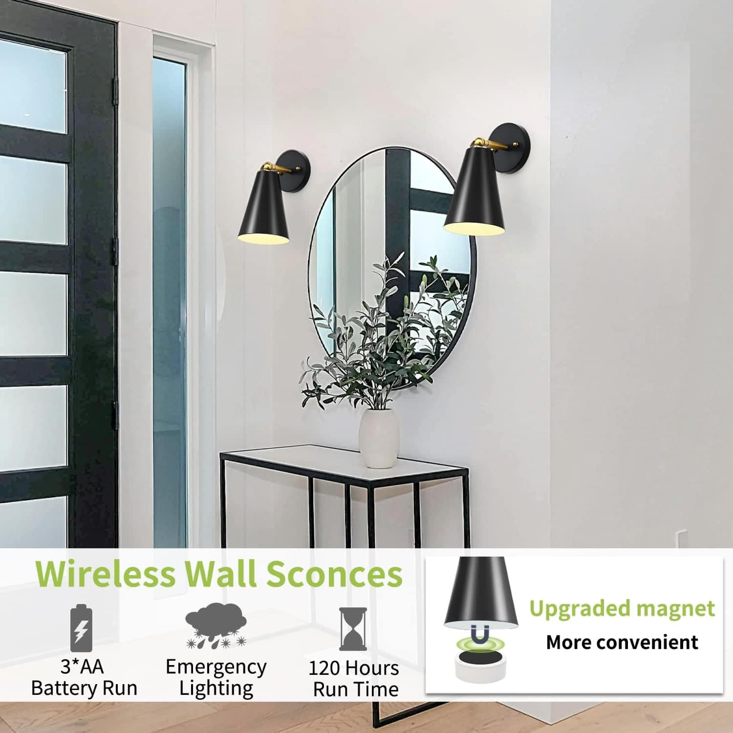 Wood Battery Operated Wall Sconce, IR Remote Control Battery Operated Sconces, Matte Black Battery Operated Wall Sconce, Wall Lights Battery Operated for Bedrooms, Living Room