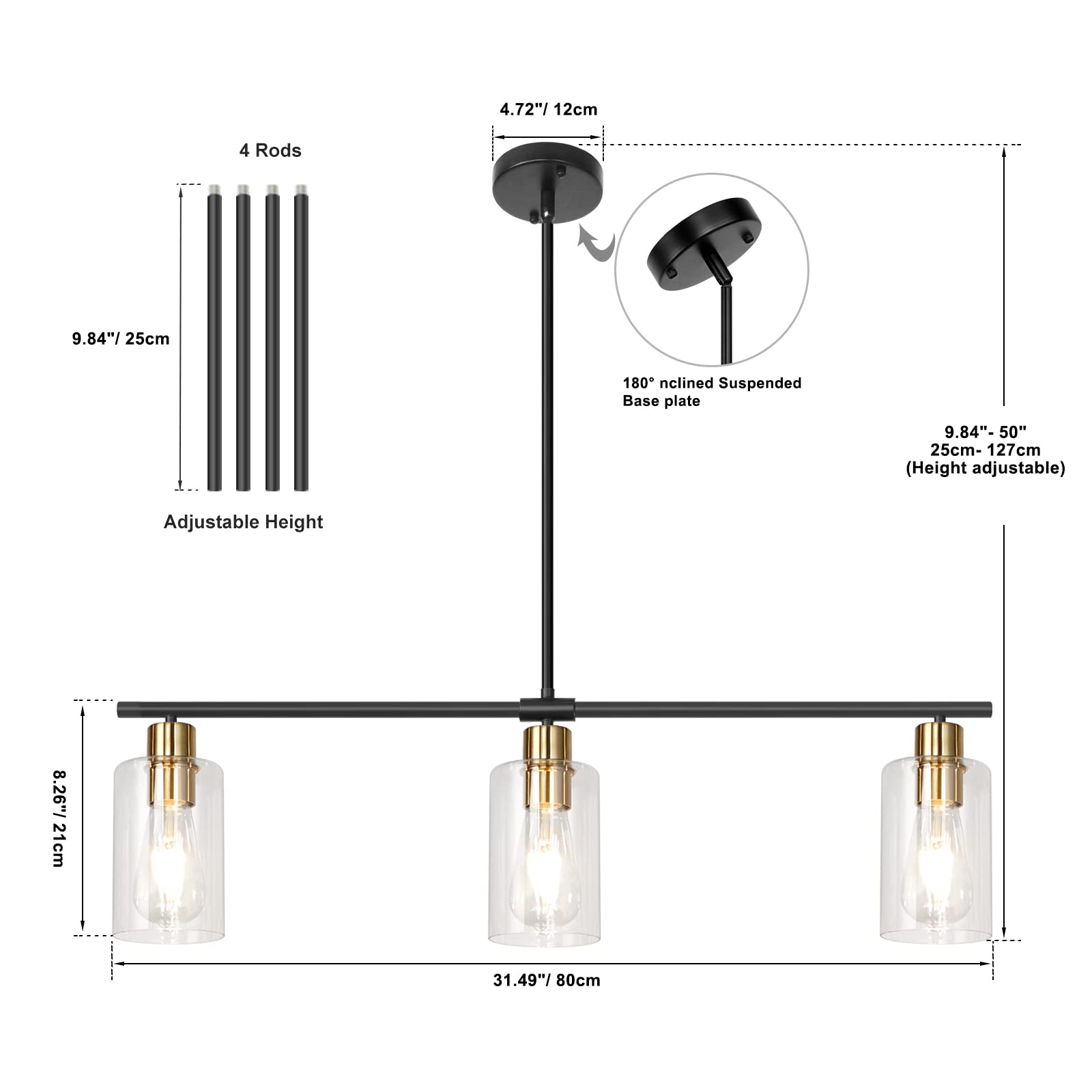 Kitchen Island Lighting, 3-Light Height Adjustable Farmhouse Chandeliers for Dining Room Light Fixture with Glass Shades, Kitchen Pendant Lighting Over Island, Black and Gold Chandelier