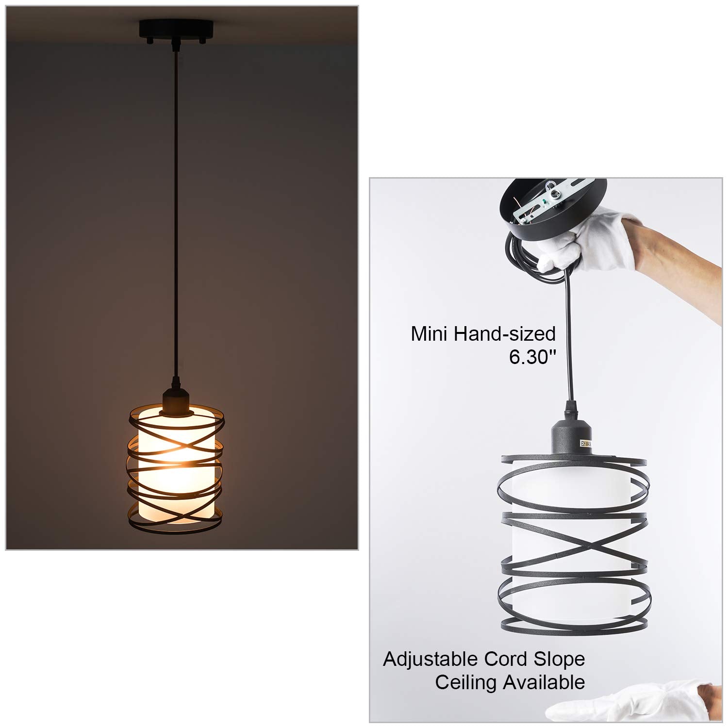 Modern Mini Pendant Light Fixture Kitchen Island Pendant Lighting 6.30''Matte Black Spiral Cage Handblown Clear Seeded Glass Shade Hanging Lamp Adjustable Cord for Dining Room 1-Pack,E26