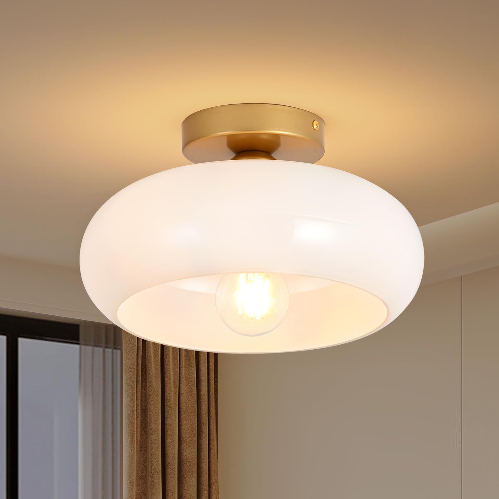 Mid-Century Modern Gold Semi Flush Mount Ceiling Light, Kitchen Ceiling Light Fixture with Glass Shade, Vintage White Close to Ceiling Lamp for Entryway Hallway Bathroom (8.66 Inch)