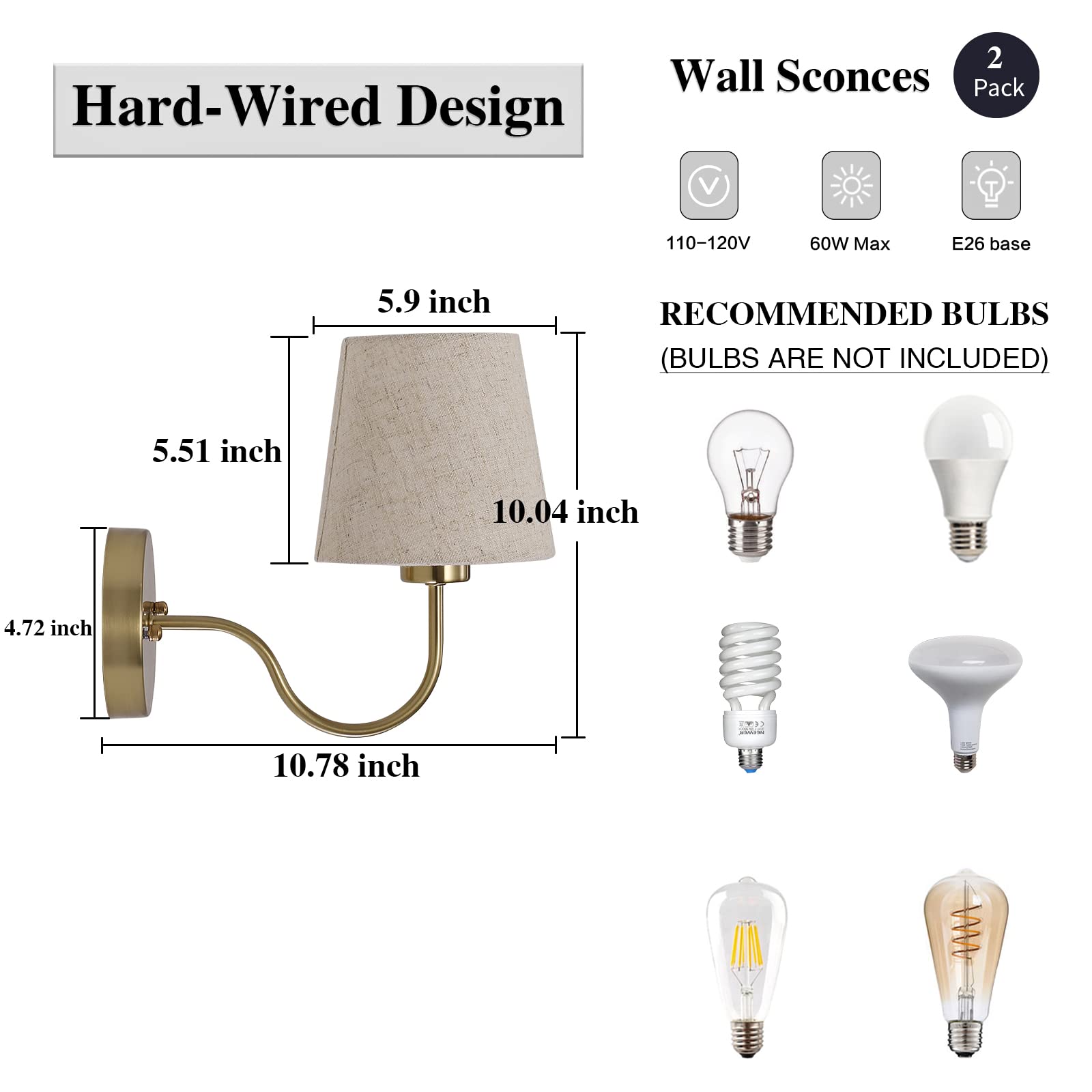 Gold Wall Sconces Set of Two, Modern Sconces Wall Lighting Vintage Wall Light Fixtures with Fabric Lampshade, Bedside Wall Lamps for Bedroom Living Room Hallway Entryway