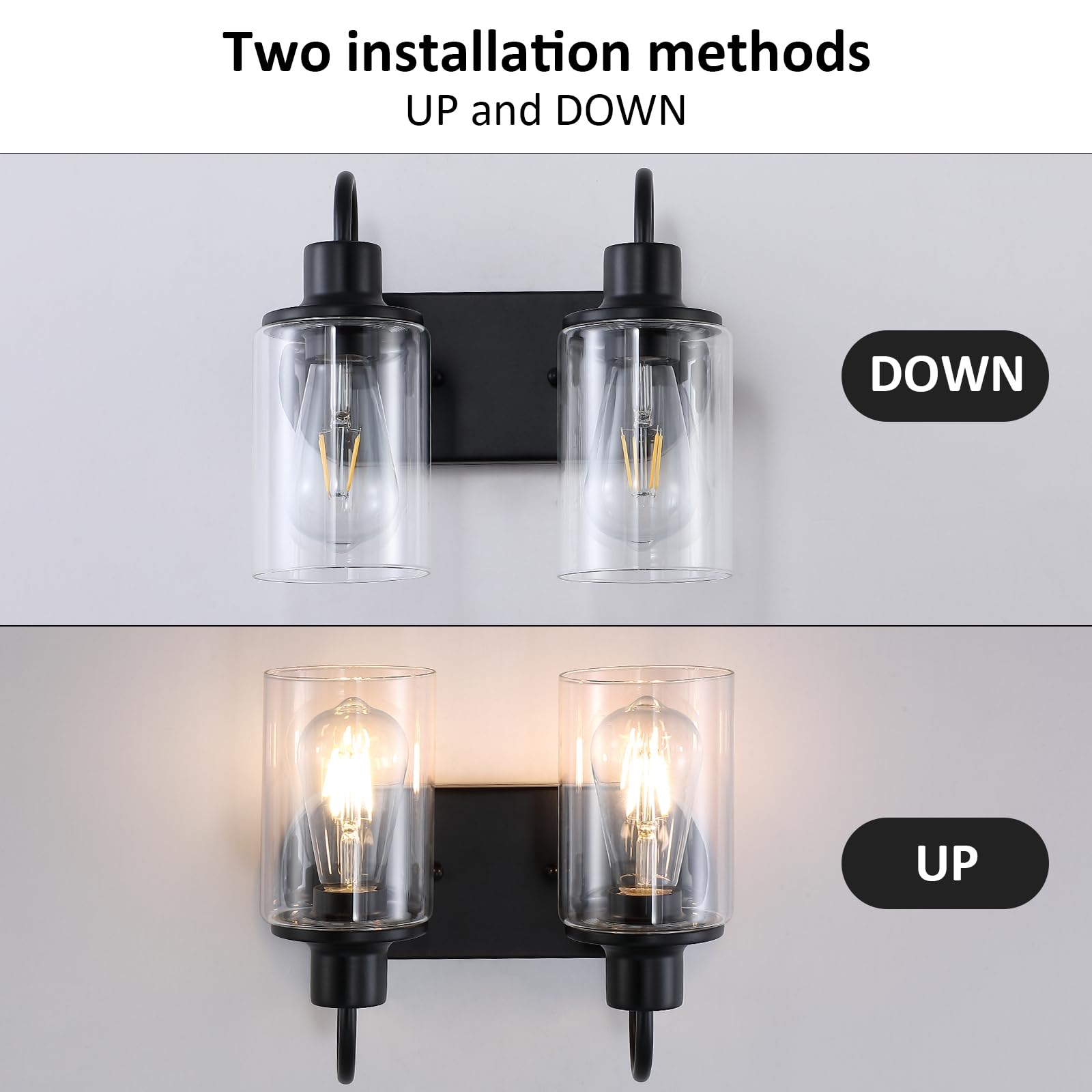 Matte Black Bathroom Light Fixtures Over Mirror,2-Light Bathroom Vanity Light with Clear Glass Shade,Modern Farmhouse Wall Sconces Lighting for Kitchen Living Room Bedroom Cabinet