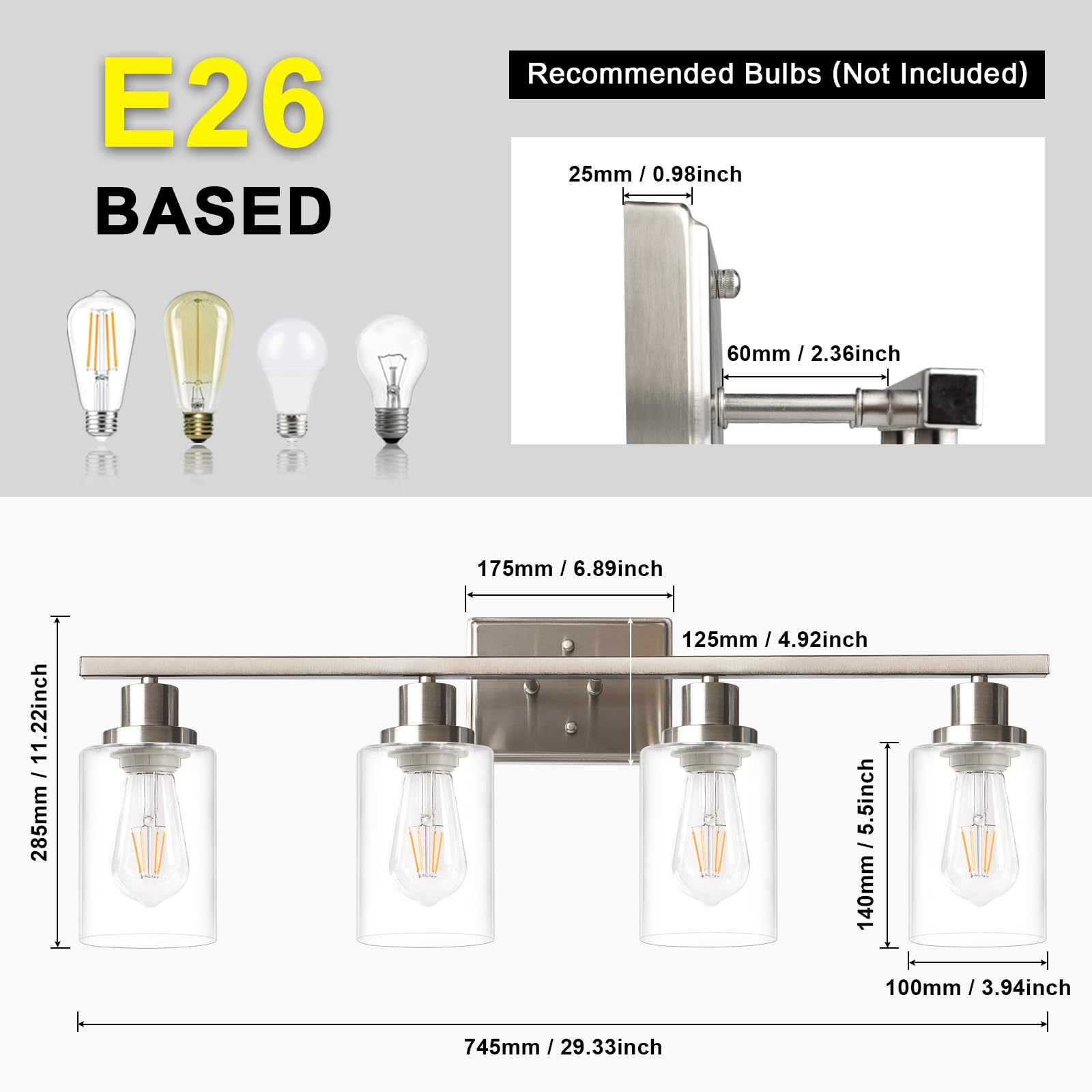 Ascher Bathroom Vanity Light Fixtures, 3 Light Wall Sconces Lighting with Clear Glass Shade, Brushed Nickel Wall Lights for Mirror, Kitchen, Living Room, Gallery, E26 Base (Bulbs Not Included)