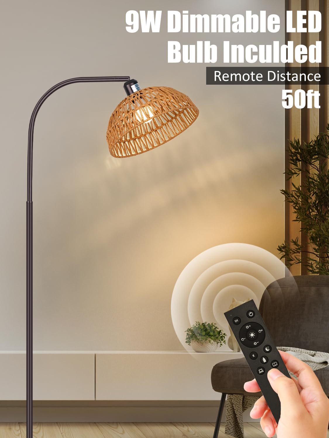 Rattan Floor Lamp- Boho Standing Lamp with Remote Control and Dimmable Bulb, Hand-Worked Adjustable Rattan Shades, Black Farmhouse Tall Lamp, Boho Arc Floor Lamps for Living Room, Bedroom, Office