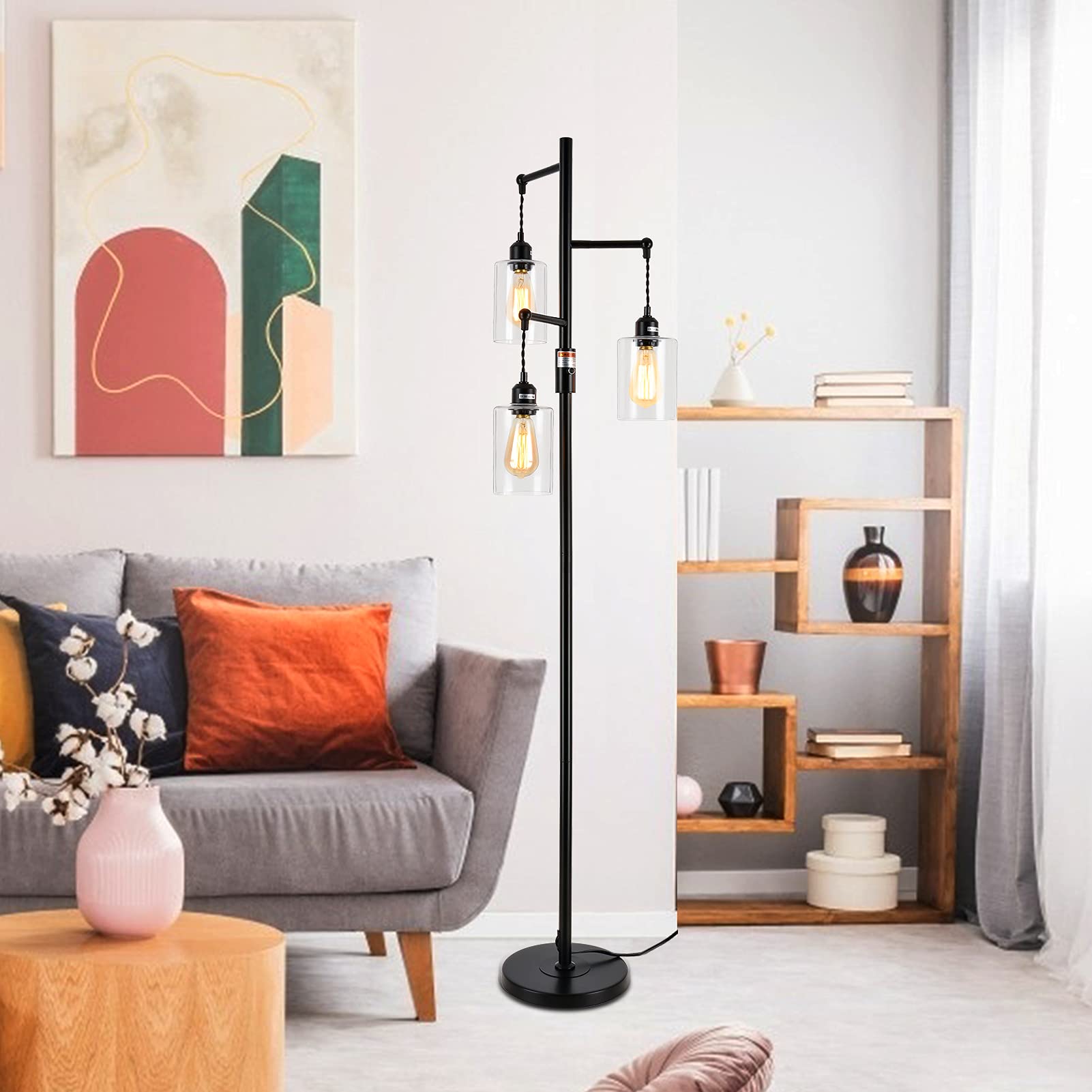 Industrial Floor Lamp with On/Off Dimmable Switch, 3-Head Rustic Tree Standing Lamp, Edison Bulb 40W Retro Tall Glass Floor Light for Living Room, Reading, Office, Bedroom, Black