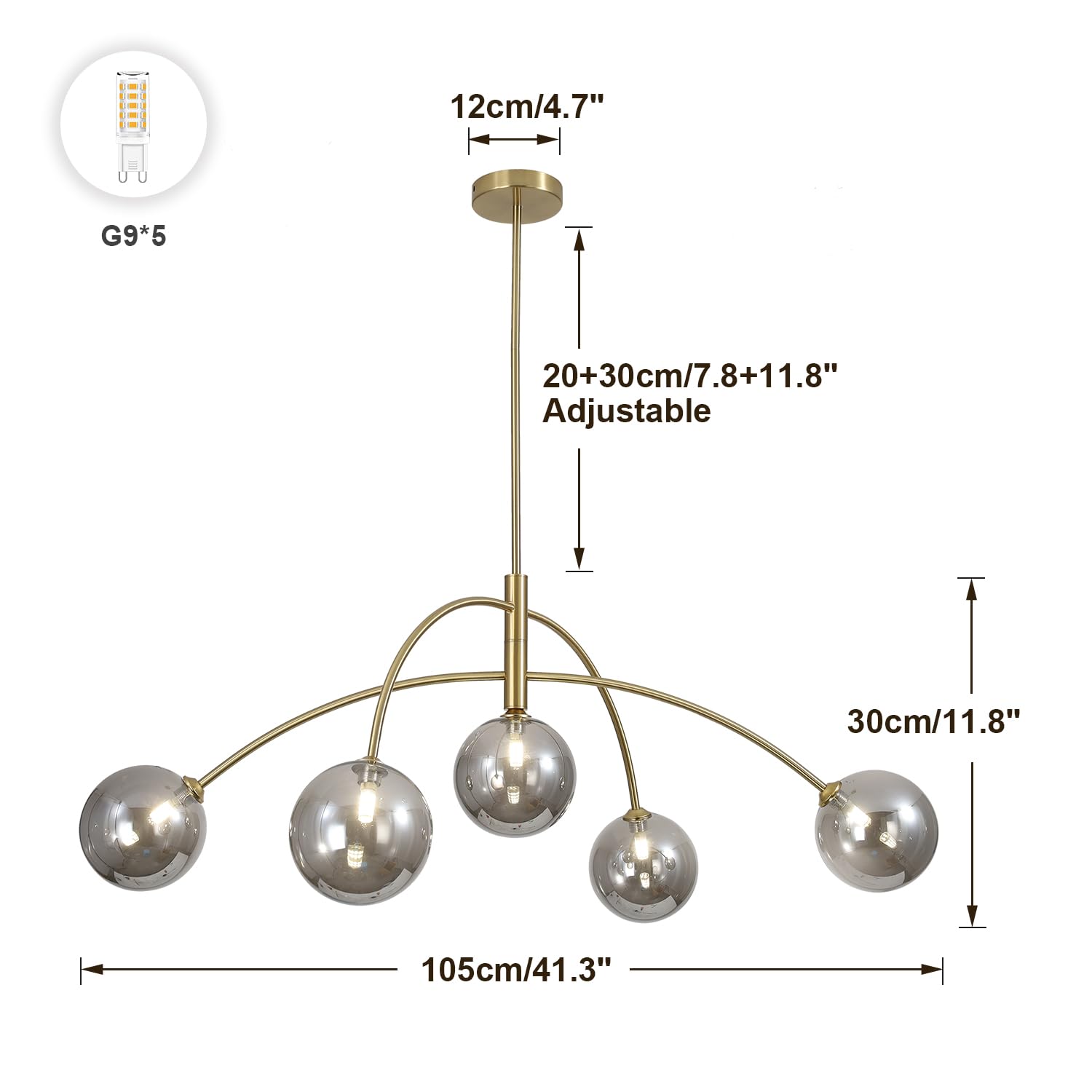 5 Light Modern Brass Chandelier Fixture White Clear Globe Glass Shade Pendant Light Gold Kitchen Ceiling Large Chandelier for Dining Room Kitchen Bedroom