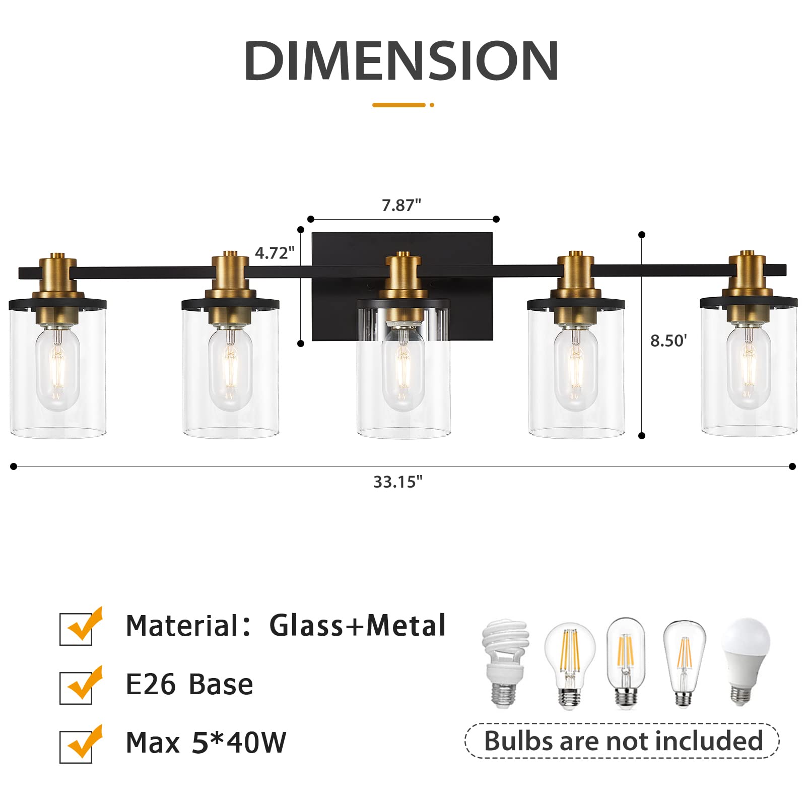 3 Light Bathroom Vanity Light, Black and Gold Bathroom Light Fixtures with Clear Glass Shade, Matte Black Finish, Brushed Gold Copper Accent Socket, Modern Gold Vanity Lights for Bathroom Over Mirror