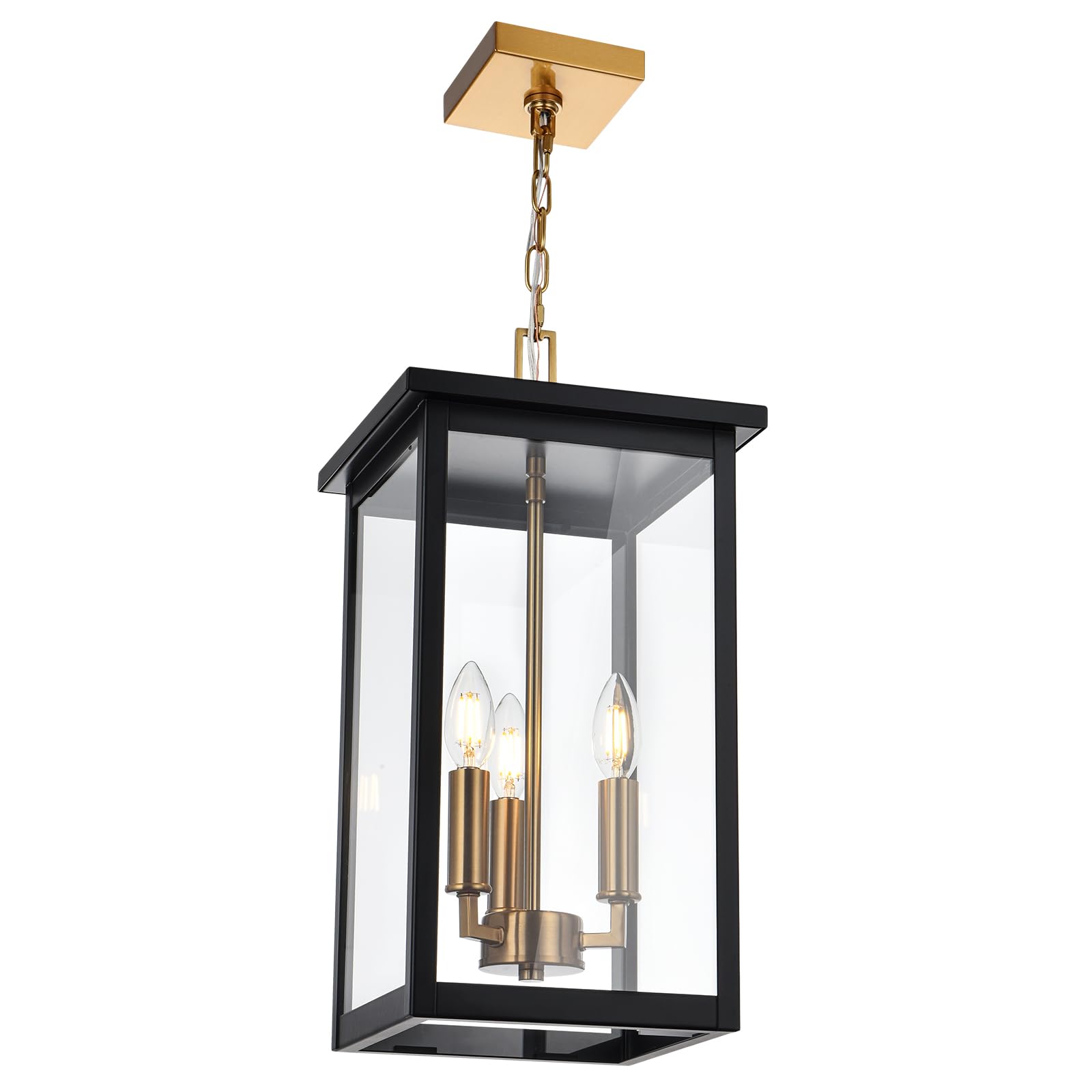 3-Lights Large Outdoor Pendant Lighting Clear Glass, Ceiling Porch Light Fxitures Adjustable Chain for Foyer Patio, Exterior Hanging Lantern Lamp, E12 Bulb Base, Black & Bruhed Brass