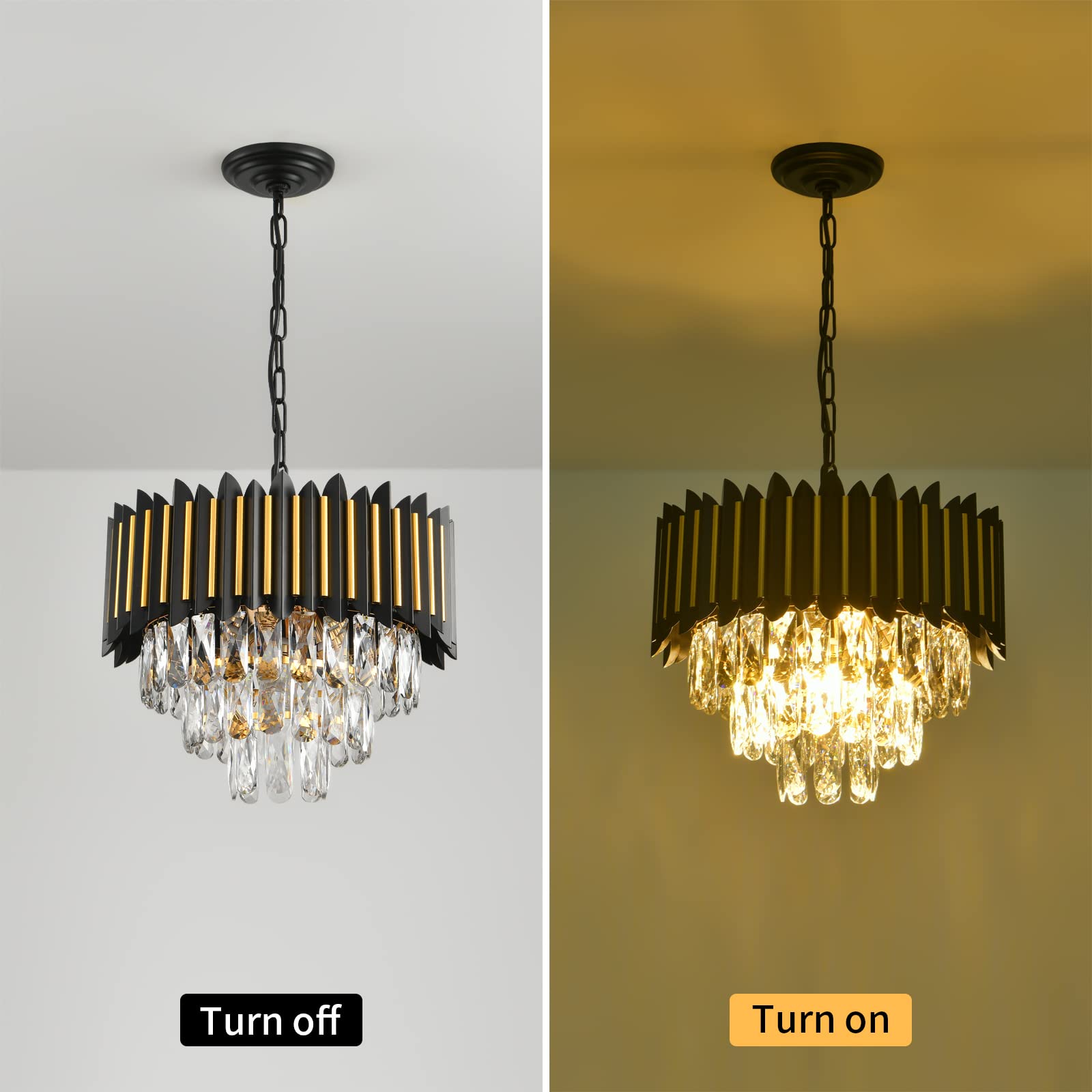 Modern Crystal Chandeliers 3 Tiers Black and Gold Chandelier Pendant Light Fixtures Round Flush Mount Chandeliers Ceiling Lighting for Living Room Dining Room Foyer Bedroom Entryway Kitchen W16in