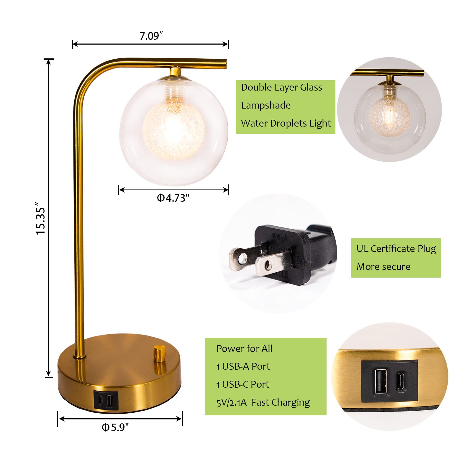 Industrial Table Lamps with USB Charging Ports,Gold Metal Brightness Beside Table Lamp with Glass Globle Stepless Dimmable Desk Lamp for Living Room Bedroom,LED Bulb Included