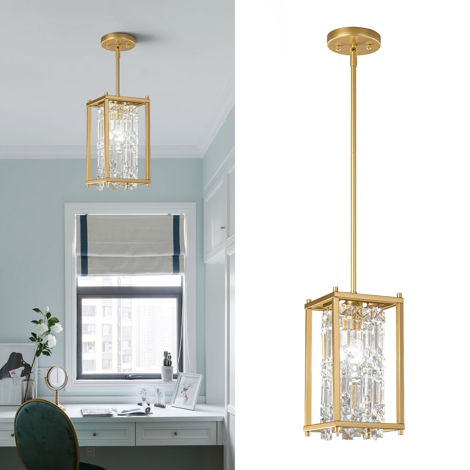 4-Light Dining Room Light Fixture 11.81 inch Square Crystal Chandelier Industrial Farmhouse Chandelier Gold Pendant Lighting for Kitchen Island Dining Room Living Room Flat and Inclined Ceiling