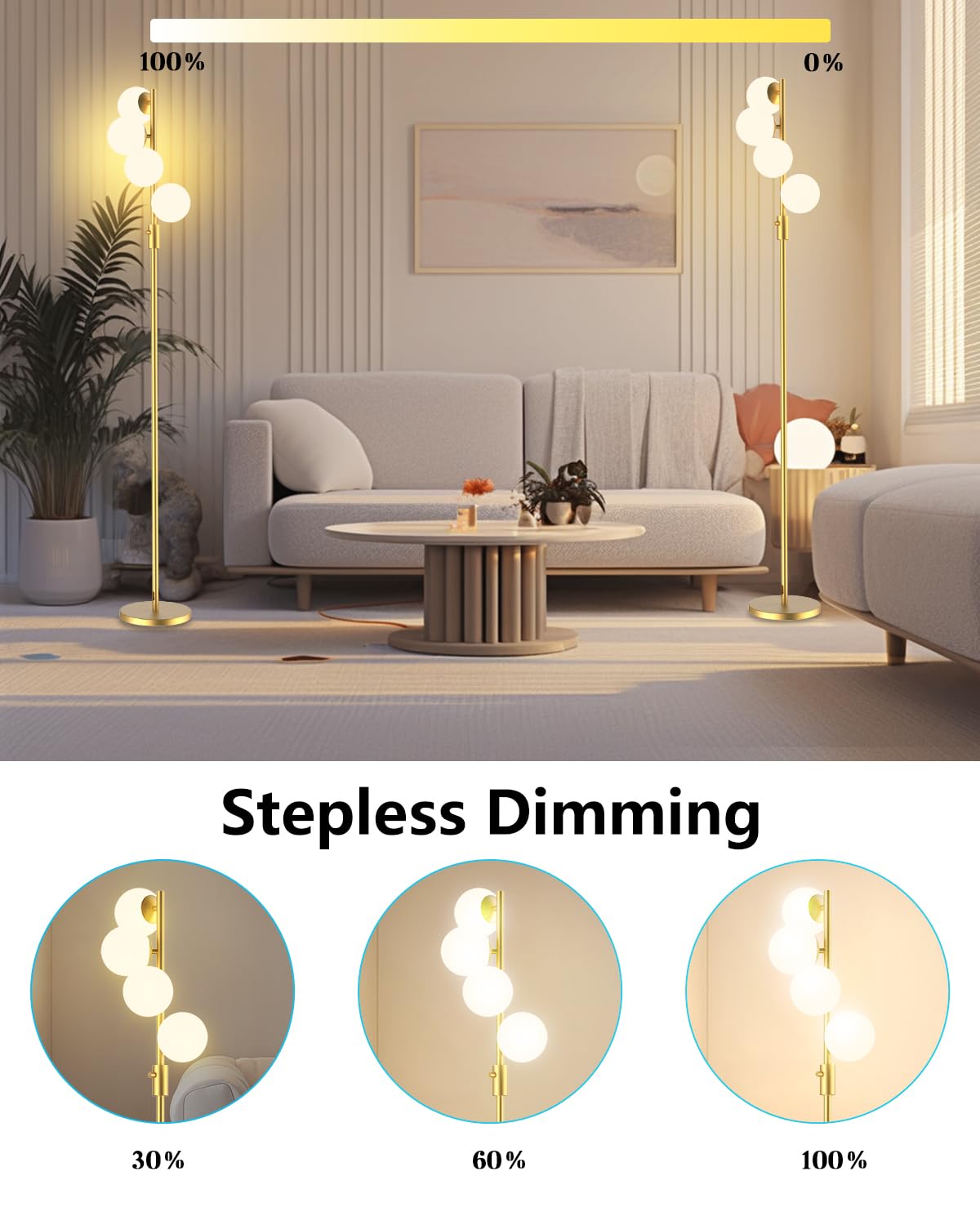 Dimmable Globe Floor Lamp, Gold Standing Lamps with 4PCS 3000K G9 Bulbs Soft Warm White Eye Care, Mid Century Modern Floor Lamp for Living Room