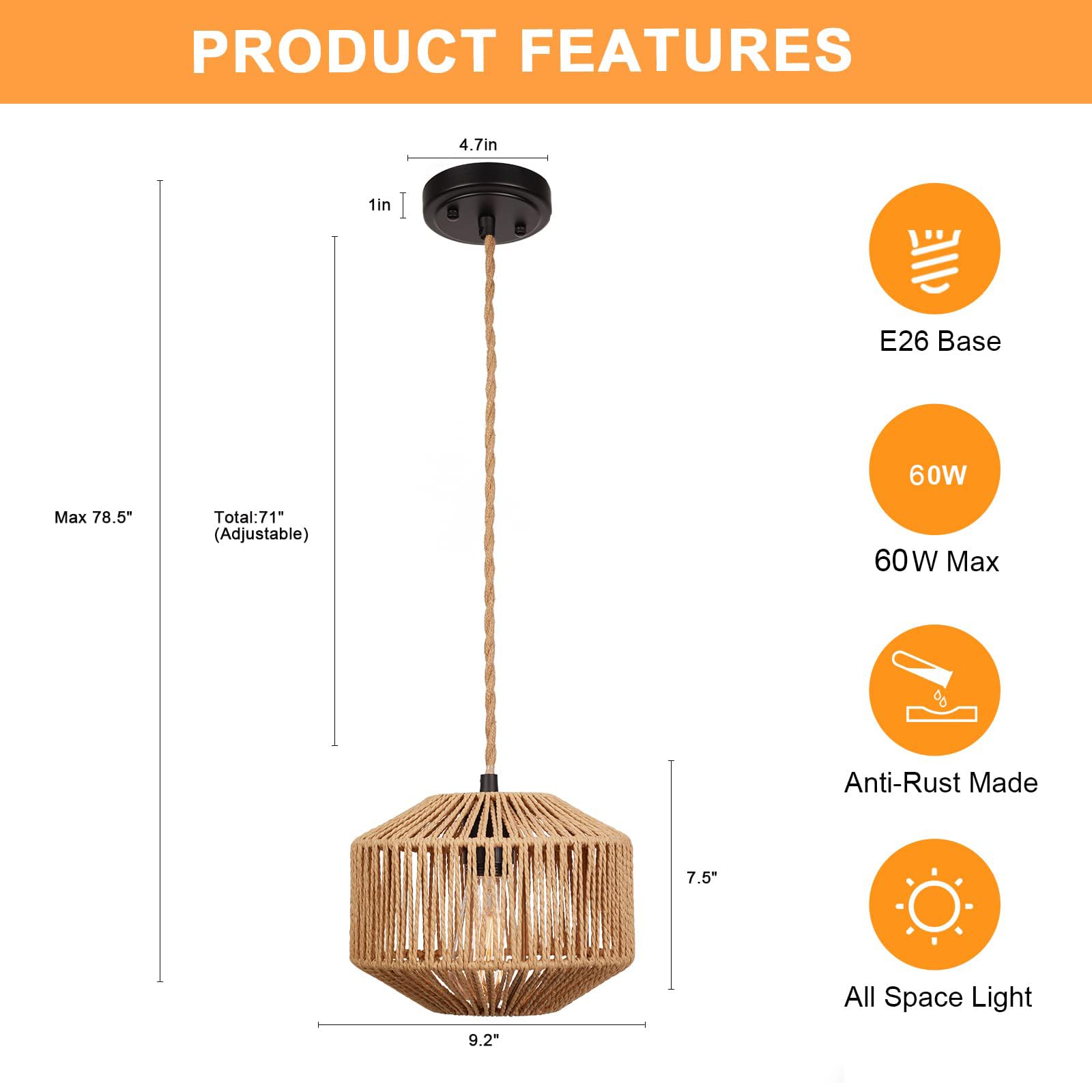 Rustic Farmhouse Bamboo Pendant Light - 18 Inch Large Dome Handwoven Ceiling Mounted Bamboo Chandelier Shades, Coastal Beach Hanging Rattan Light Fixture for Kitchen, Dining, Living Room