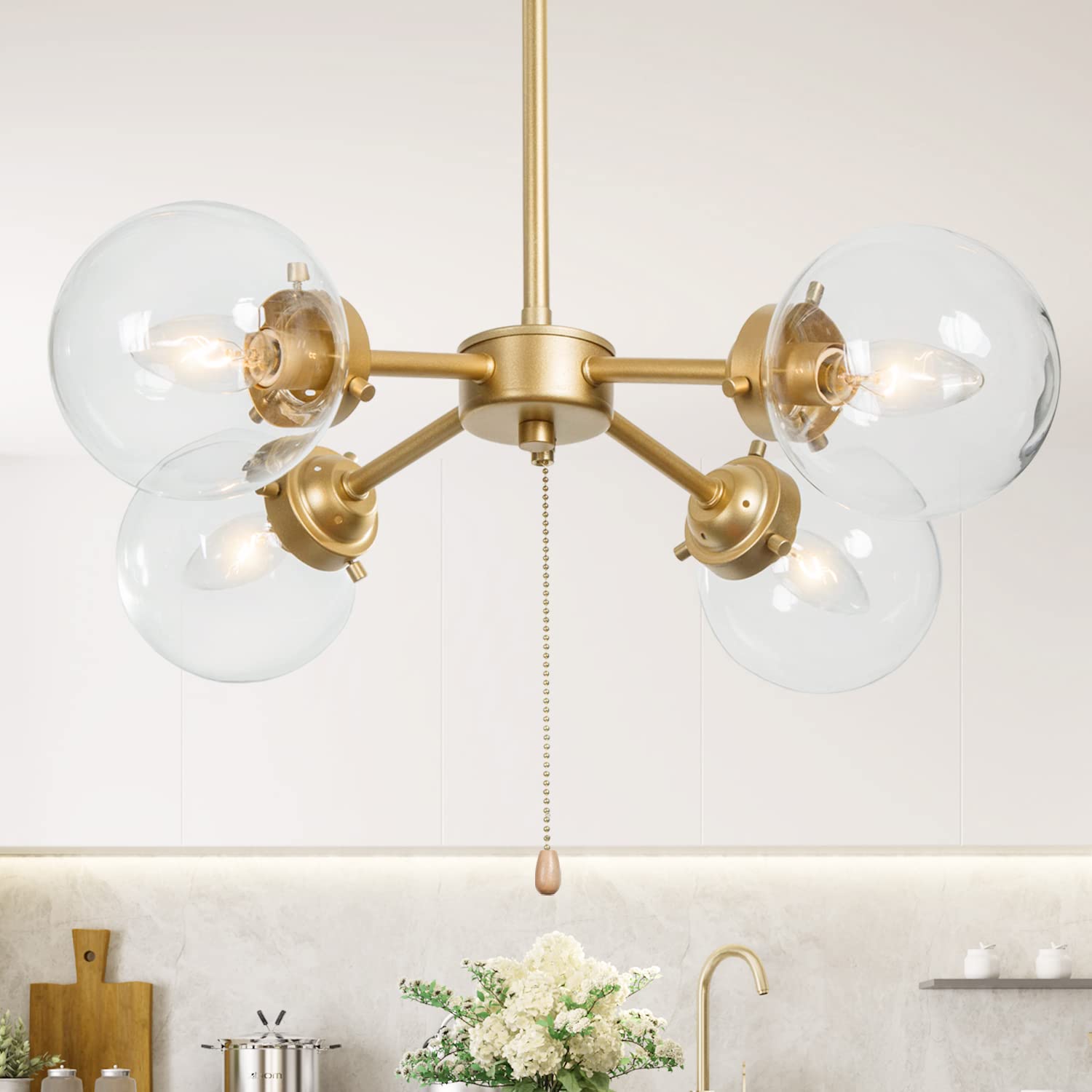 Gold Globe Chandelier with On/Off Switch Pull Chain, 4-Light Modern Gold Semi Flush Mount Ceiling Light with Clear Globe Glass Shades for Dining Room & Kitchen, Soft Gold, 19.5’’ Dia