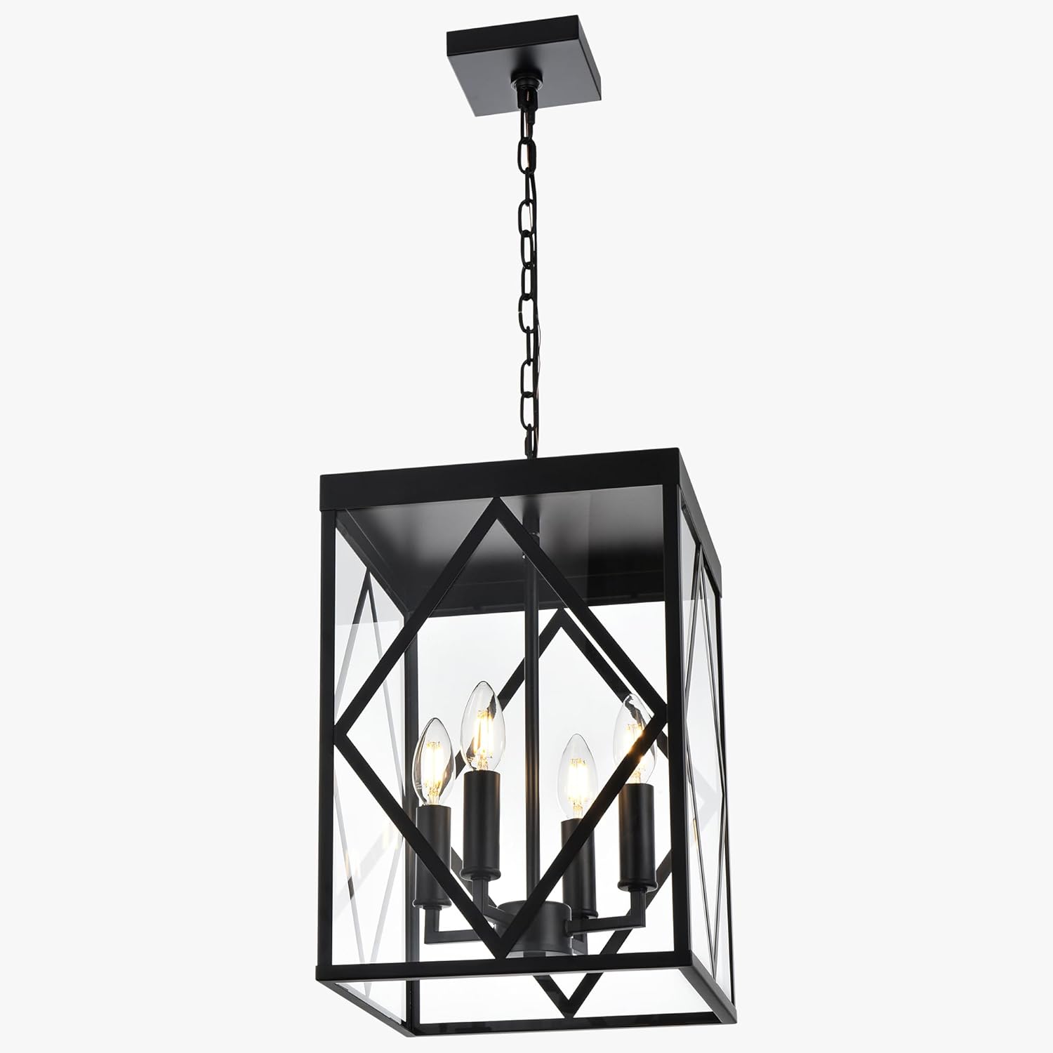 4-Light Outdoor Pendant Light Fixtures Large Black Outdoor Chandelier Cage Exterior Hanging Porch Light with Glass Shade, Outdoor Pendant Lantern Lamp for Front Porch Balcony Gazebo Foyer