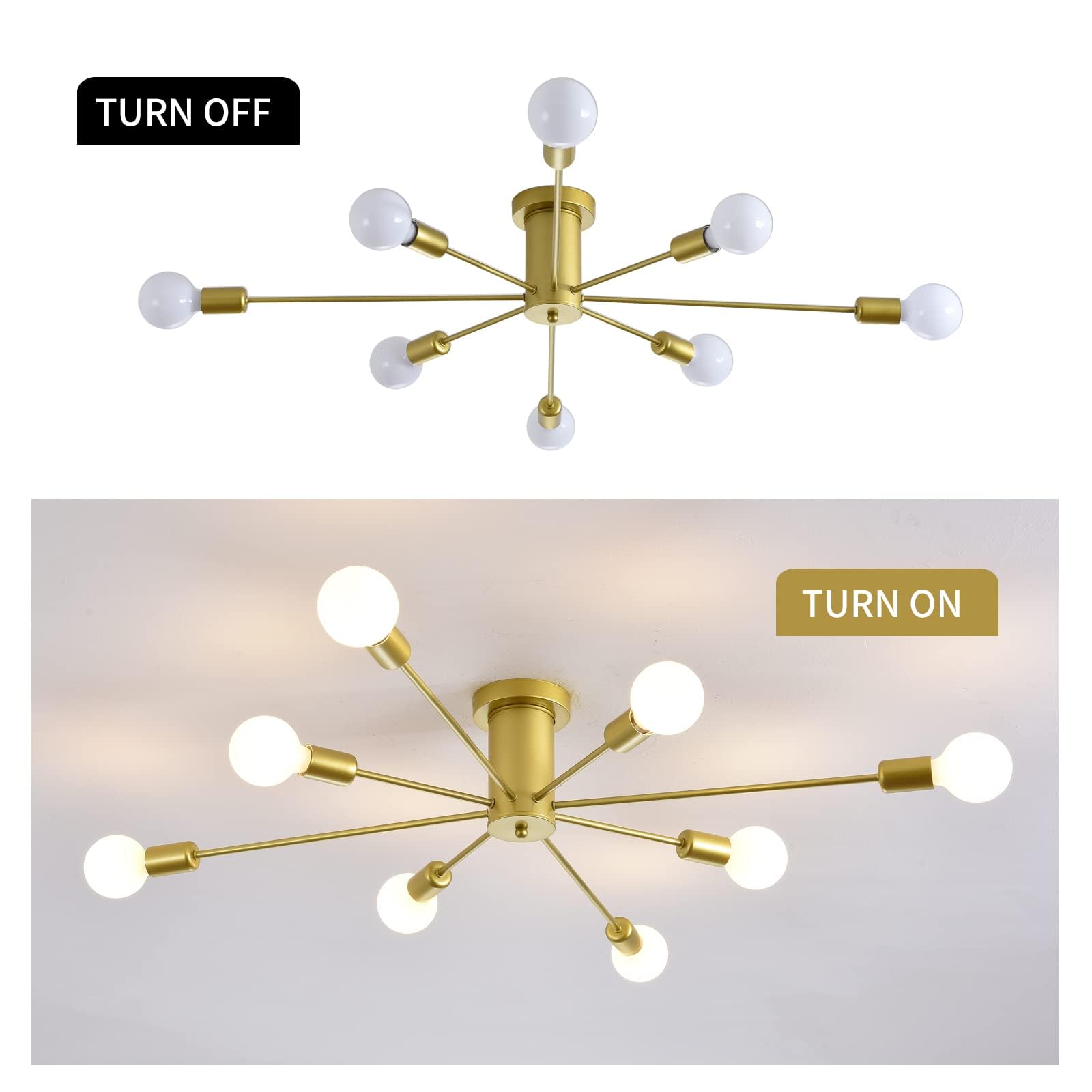 10 Lights Modern Sputnik Ceiling Chandelier Gold Industrial Ceiling Lamp Mid Century Semi Flush Mount Ceiling Light Fixture for Kitchen Dining Room Living Room Bedroom Foyer Lighting