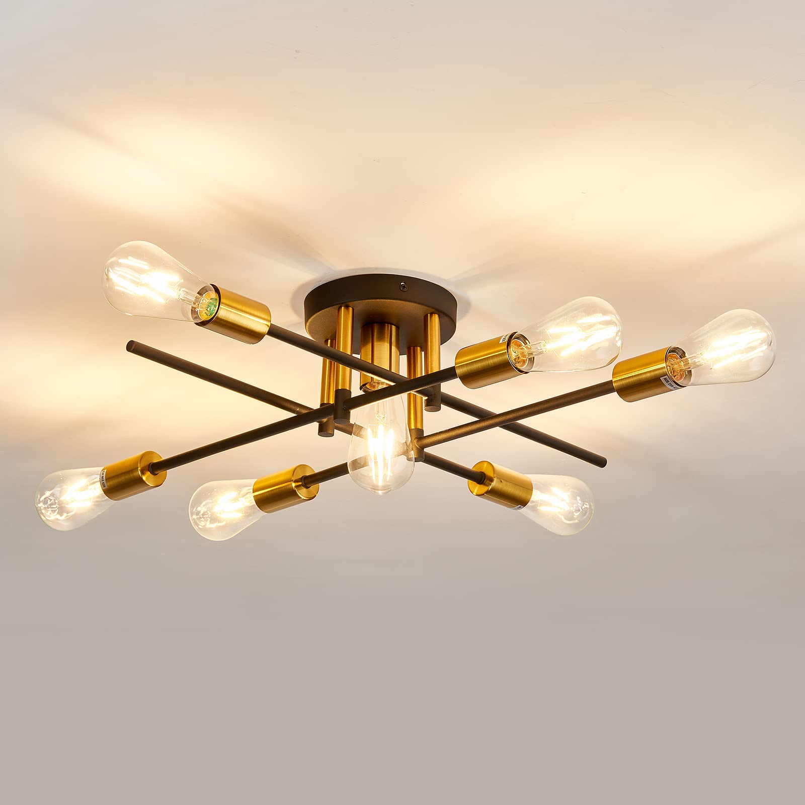 Farmhouse 5-Light Semi Flush Mount Ceiling Light Fixture with E26 Modern Matte Black and Gold Chandelier Sputnik Ceiling Lamp for Hallway Kitchen Dining Room Bedroom Study Living Room Bathroom