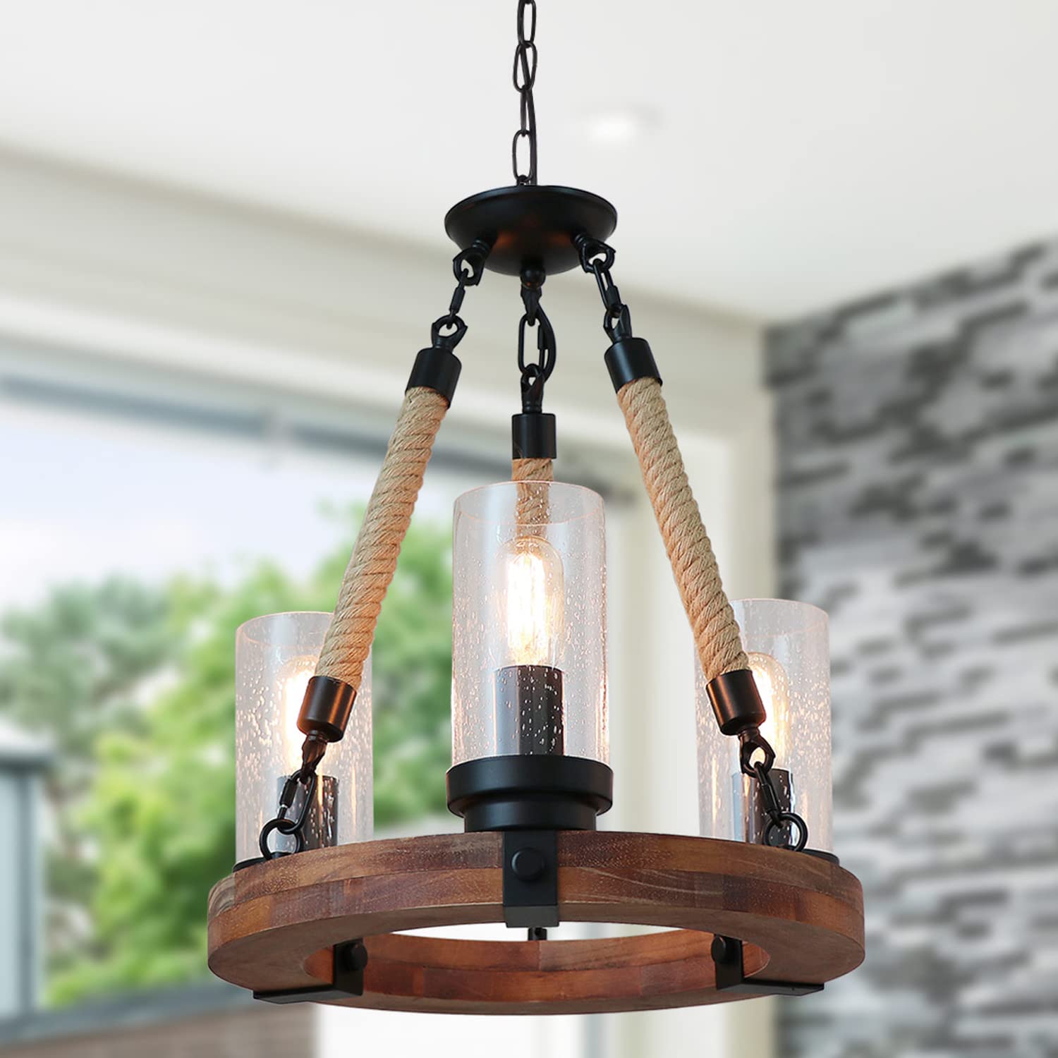 Wooden Ring Hemp Rope Chandelier Retro Farmhouse Pendant Lighting Round Wagon Wheel Light Fixtures 3 Lights with Glass Shade, Brown (C0047)