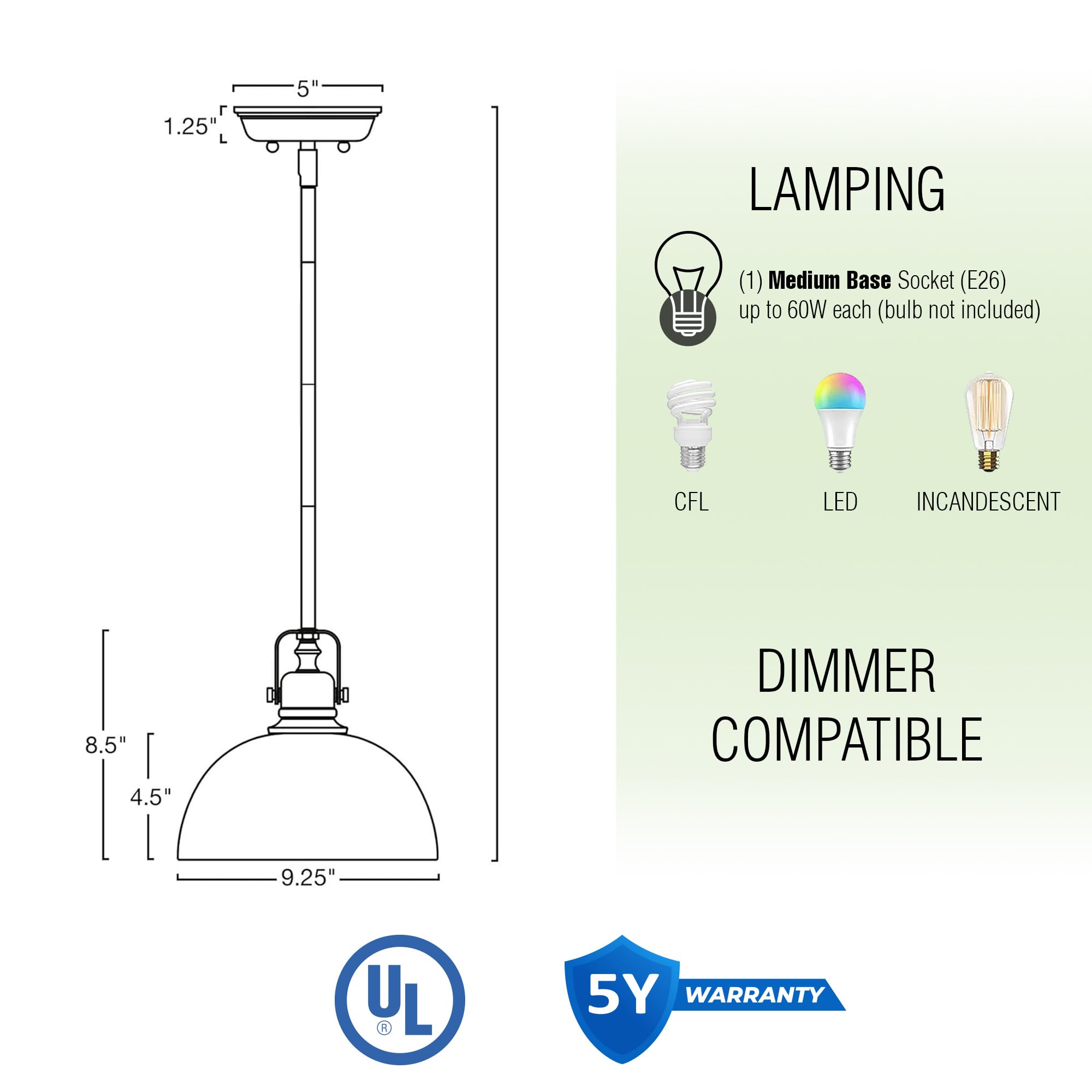 9" Contemporary Industrial Pendant Light, Adjustable Length + Shade Swivel Joint, Brushed Brass Finish