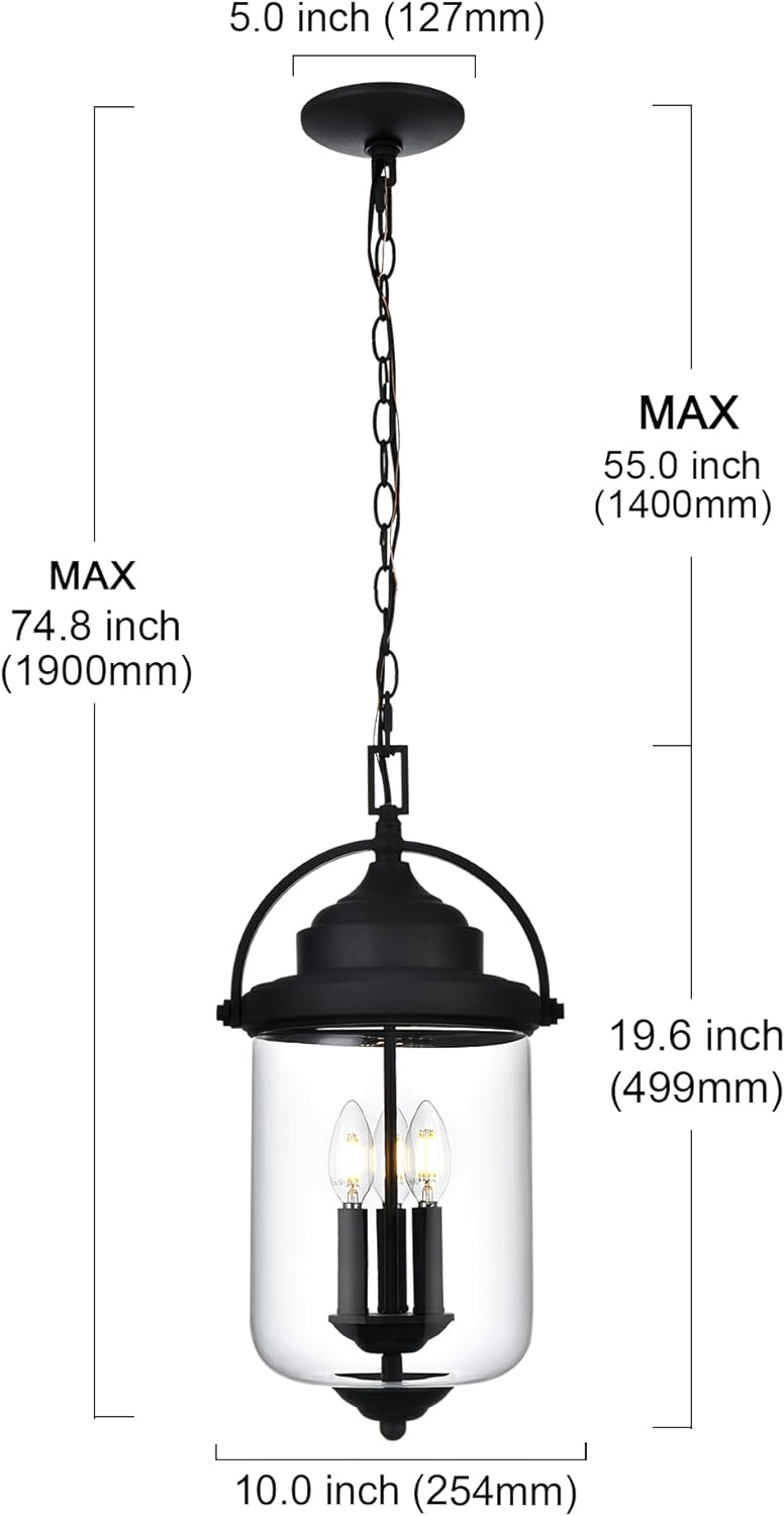 Outdoor Pendant Lights for Porch, 3-Light Outdoor Chandelier Exterior Hanging Lantern in Brushed Nickel Finish with Clear Glass, Front Door Hallway Porch Lighting