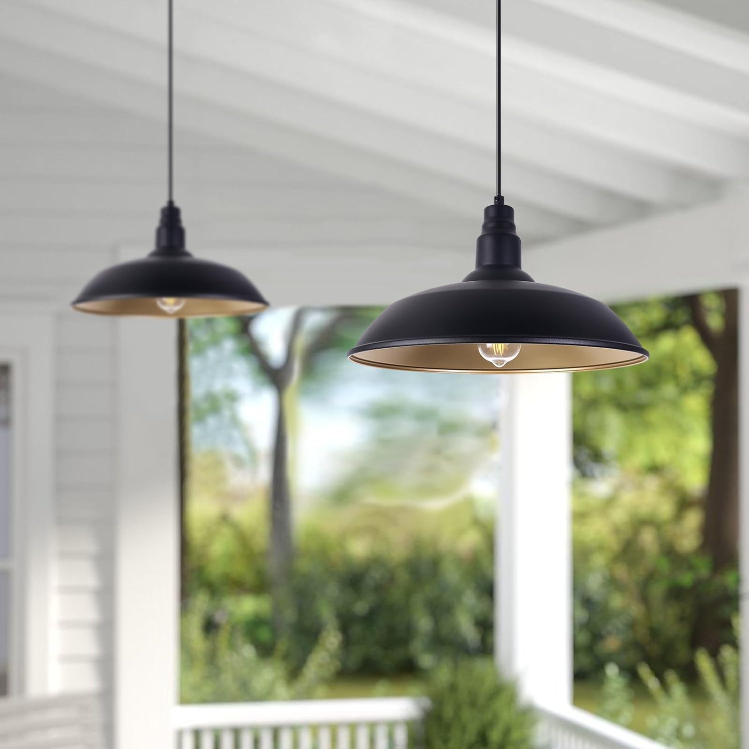 Farmhouse Pendant Light with 16 Inch Dome for Outdoor and Indoor Use, Barn Style Hanging Light for Kitchen Dining Room, Adjustable Height, Matte Black Exterior/Brass Interior