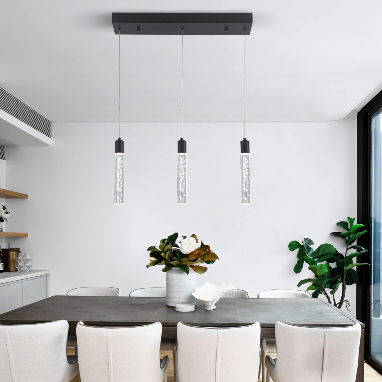 Modern Pendant Lighting 5-Light Linear Chandeliers Dimmable LED Pendant Lights Kitchen Island Lighting with Matte Black Finish and Acrylic Shades for Kitchen Island and Dining Room…