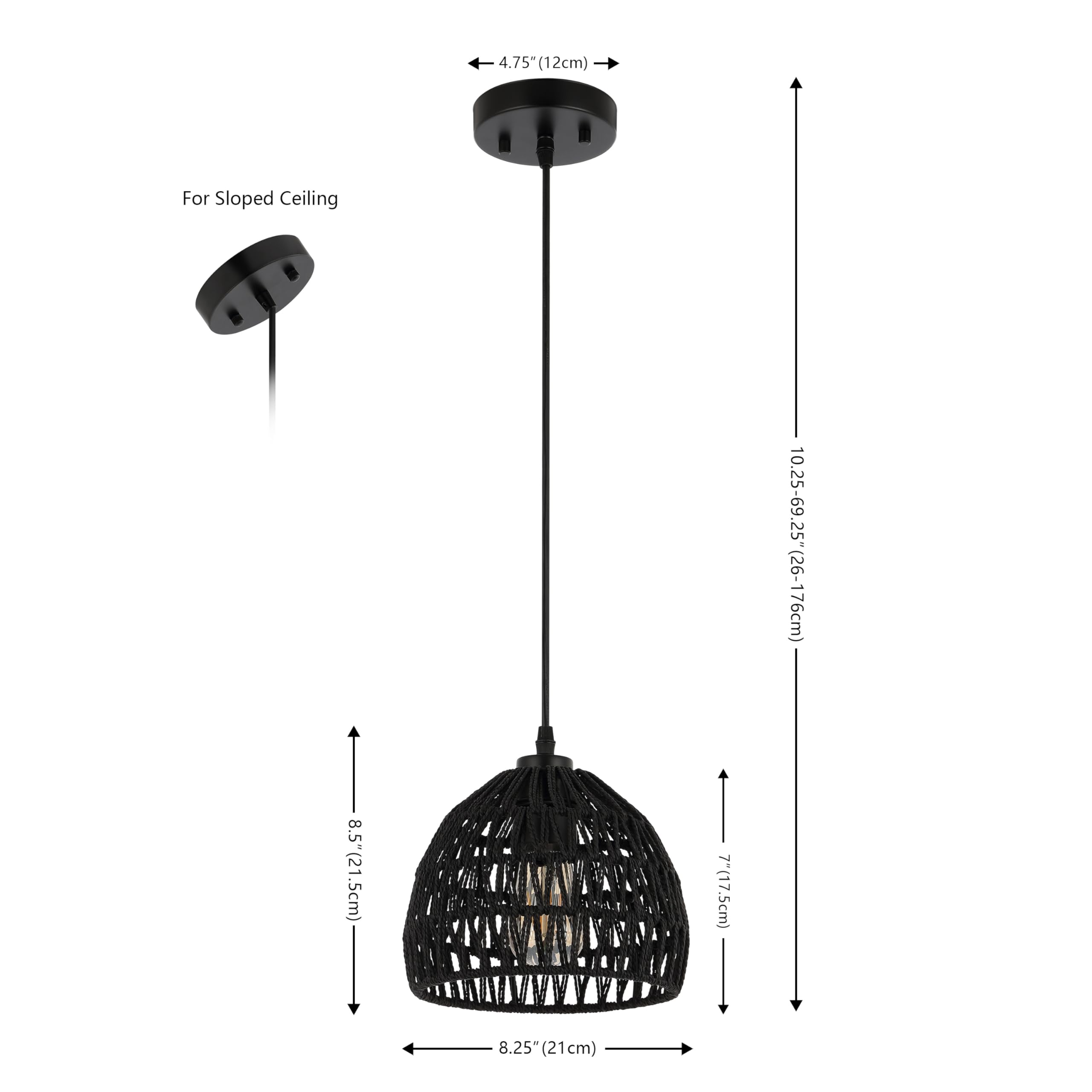 20" 1-Light Bohemian Modern Woven Rattan/Iron LED Pendant Farmhouse Coastal Adjustable Dining Room Living Room Kitchen Island Foyer Bedroom Hallway, Black