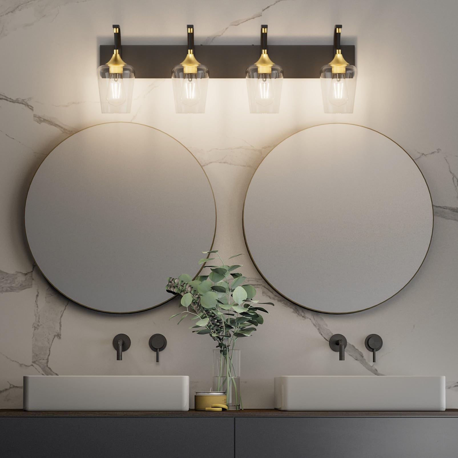 Matte Black Bathroom Vanity Light 4-Lights Industrial Black Vanity Lights Clear Glass Vintage Edison Matte Black Wall Mount Light Fixtures for Bathroom