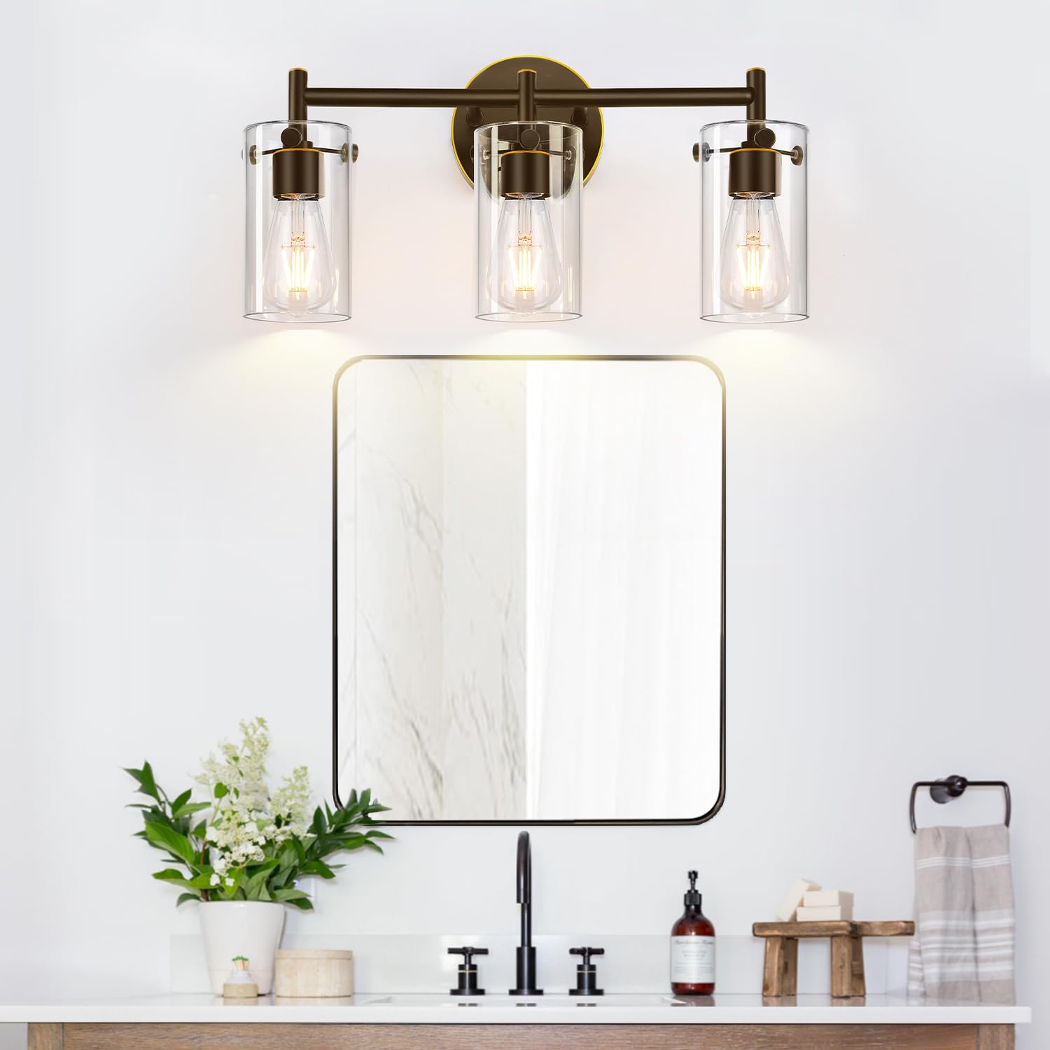 Bathroom Light Fixtures 2023 Upgrade, 3-Light Matte Black Bathroom Vanity Light, Black Bathroom Lights Over Mirror with Clear Glass Shade, Bathroom Wall Sconces for Mirror Bedroom Living Room Hallway