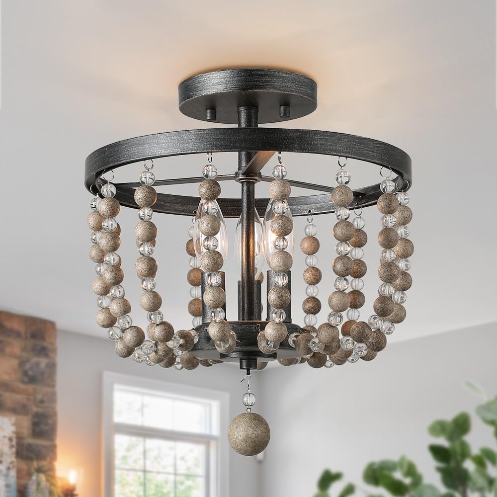 Ceiling Light Fixture, 3-Light Bohemian Lighting for Entryway, Foyer, Distressed Wood Bead Chandelier, Dark Silver Brushed, 12 D” x 13.6” H