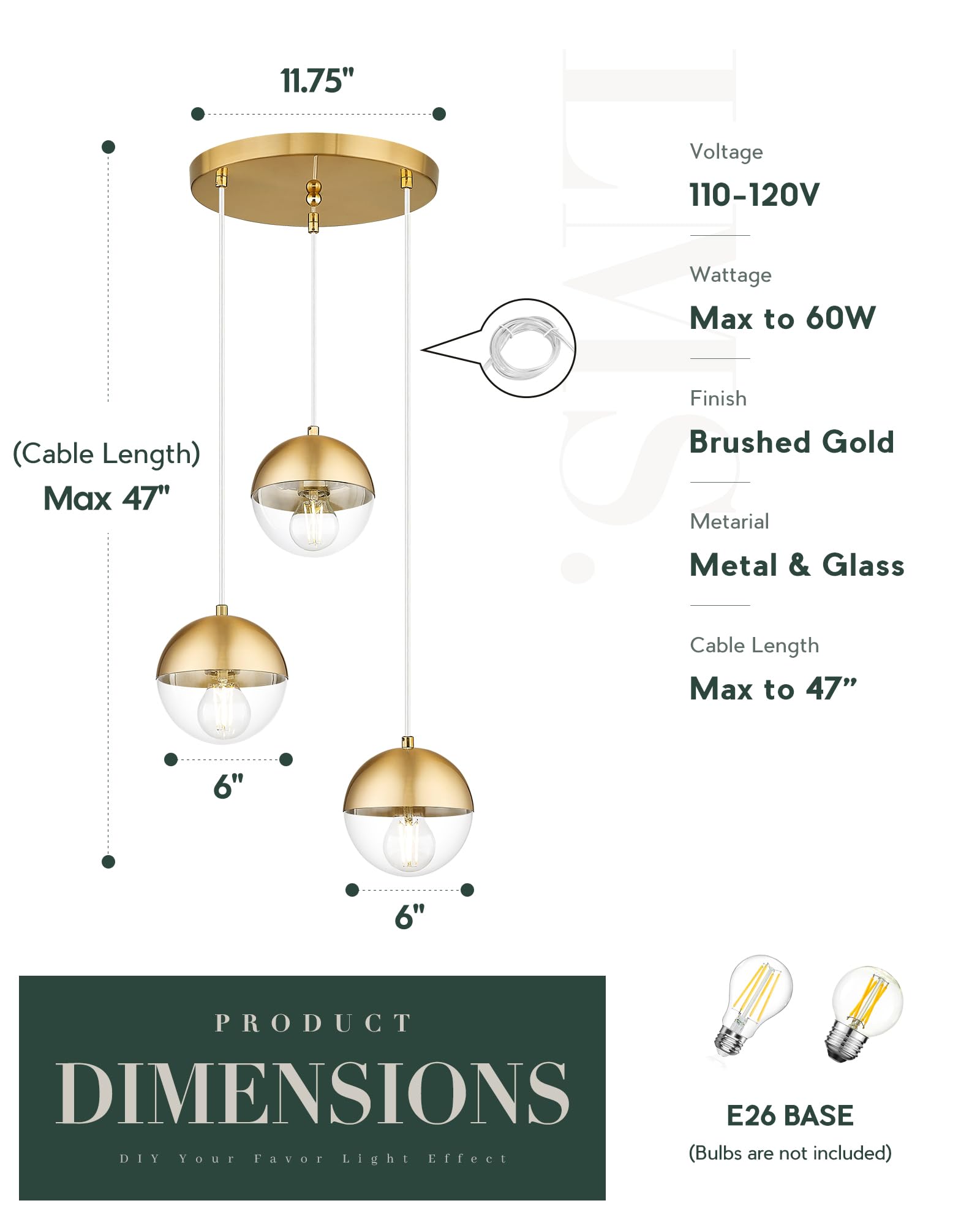 Modern Pendant Lighting Gold Globe Pendant Light Fixture, Mid Century Chandelier One Light Hanging Fixture for Kitchen Island, Adjustable Indoor Lighting for Dinning Room Bedroom, LMS-187