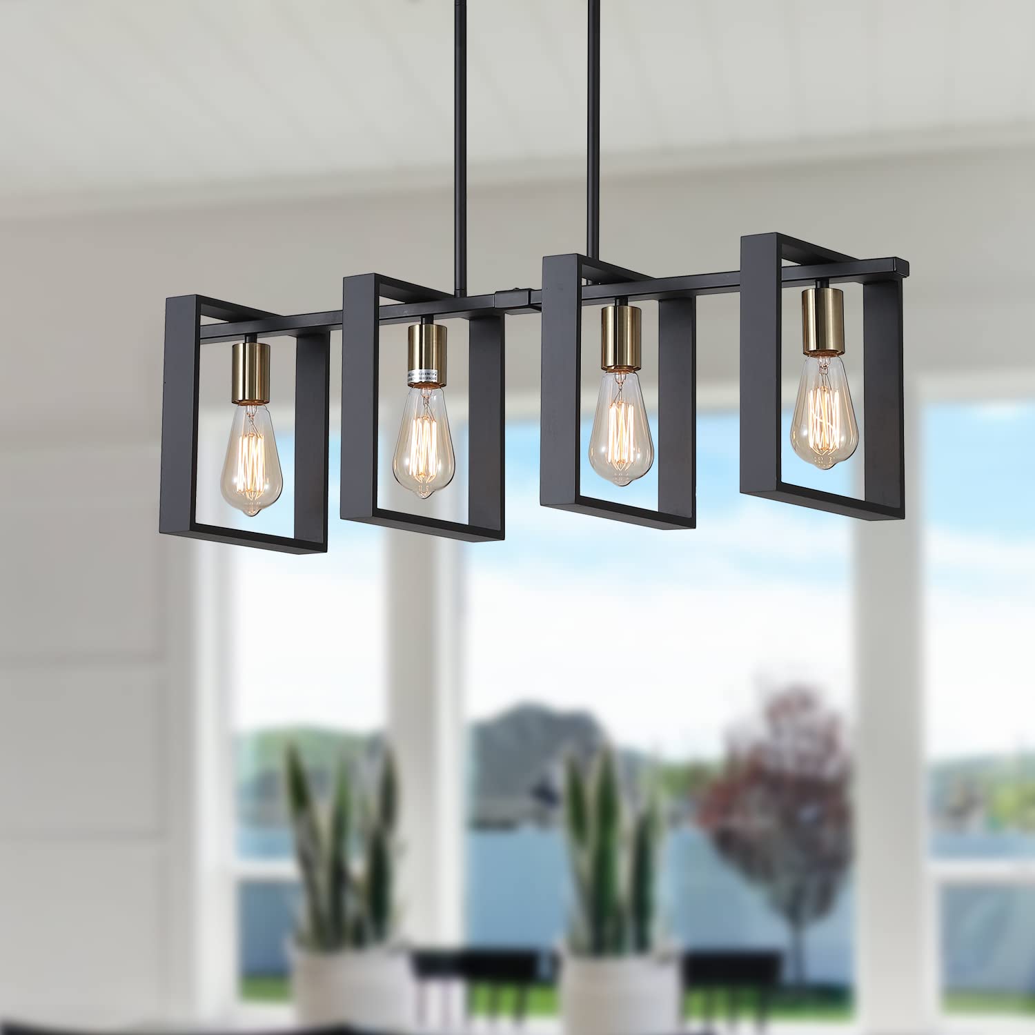 9MMML 3 Lights Kitchen Island Lighting, Modern Rectangle Linear Pendant Light, Black Frame+ Gold Socket Chandelier for Dining &Living Room Foyer Entryway Hallway,E26,Height Adjustable.