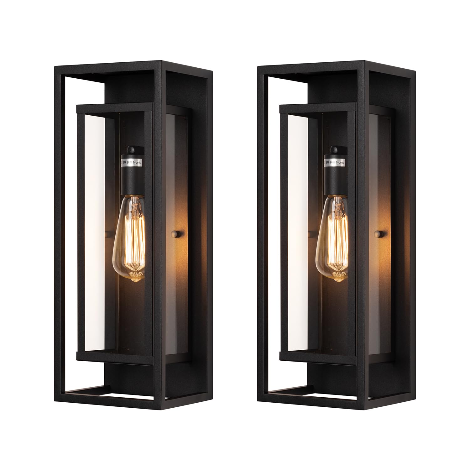 14" Classic Outdoor Wall Sconce 1 Light in Matte Black Rectangular Metal Frame and Clear Glass Shade Waterproof Porch Light Patio Light Pack of 2