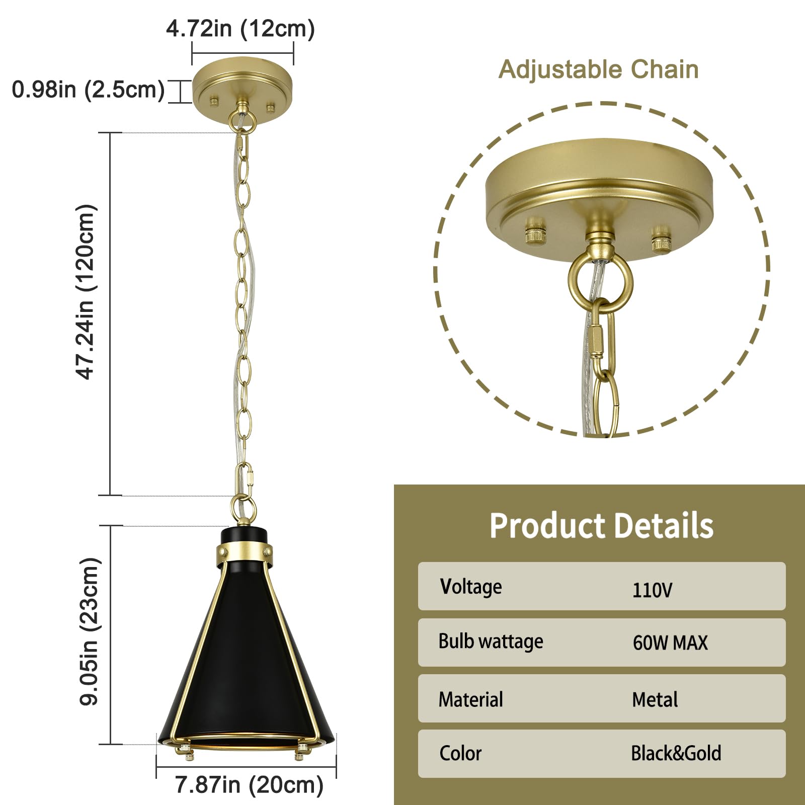 Black and Gold Pendant Light Fixtures, 2-Pack Modern Pendant Light for Kitchen Island, Small Industrial Kitchen Light Set of Two, Adjustable Hanging Ceiling Light for Dining Room Foyer Cafe