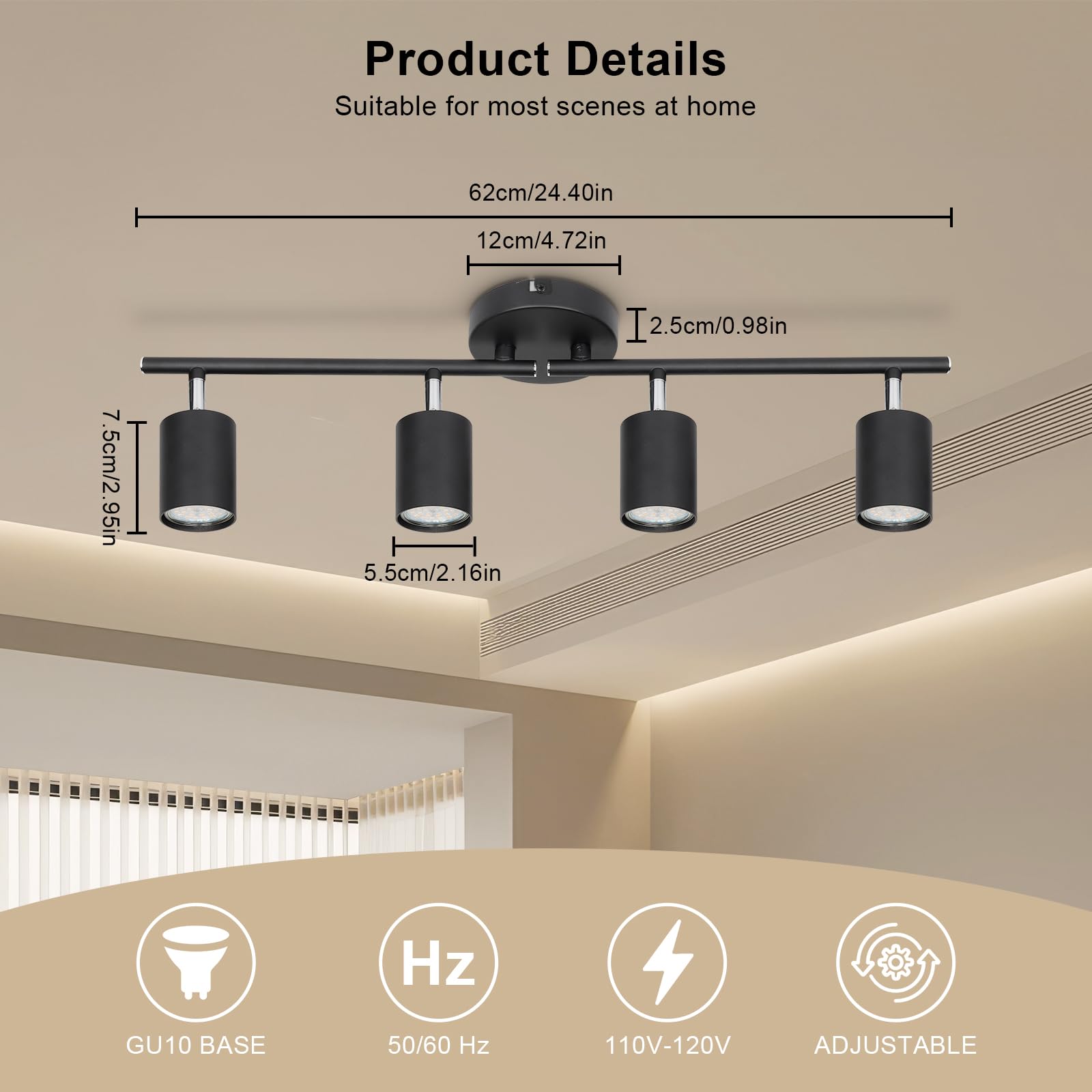 4-Light Track Lighting - Black 4 Way Ceiling Spot Lighting with Rotatable & Detachable GU10 Light Head - Flush Mount Modern LED Track Light Kit for Kitchen Cabinet Gallery Bar Office